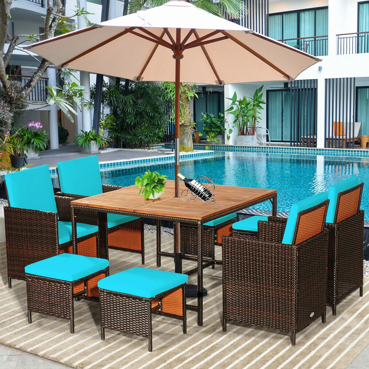 9PCS Patio Rattan Dining Cushioned Chairs Set, Turquoise - Image 3