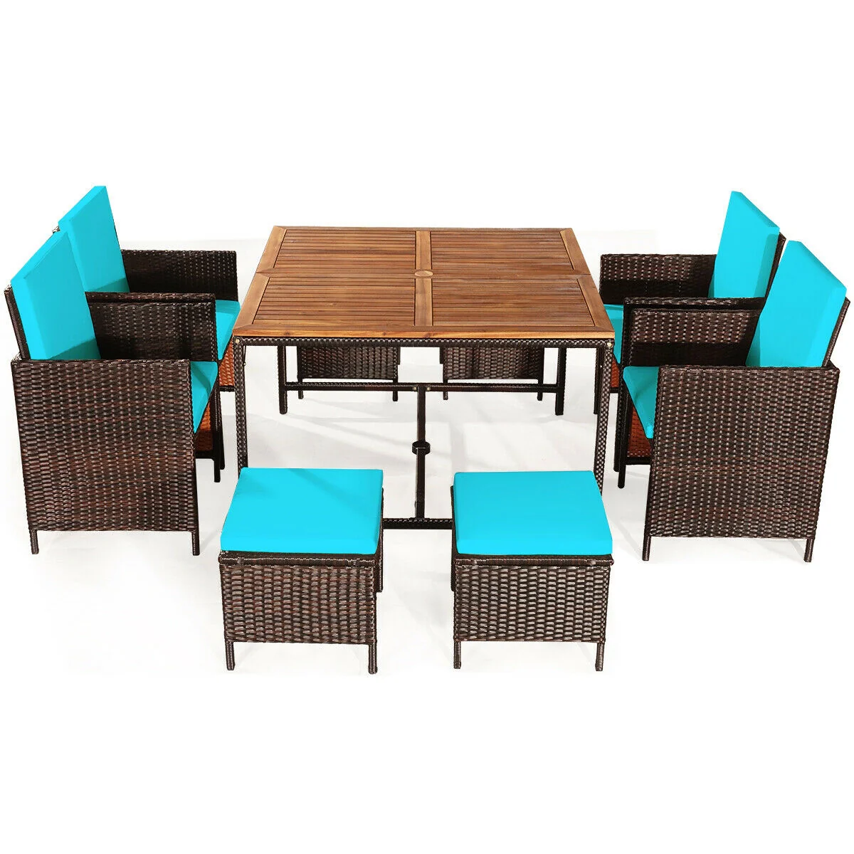9PCS Patio Rattan Dining Cushioned Chairs Set, Turquoise - Image 4