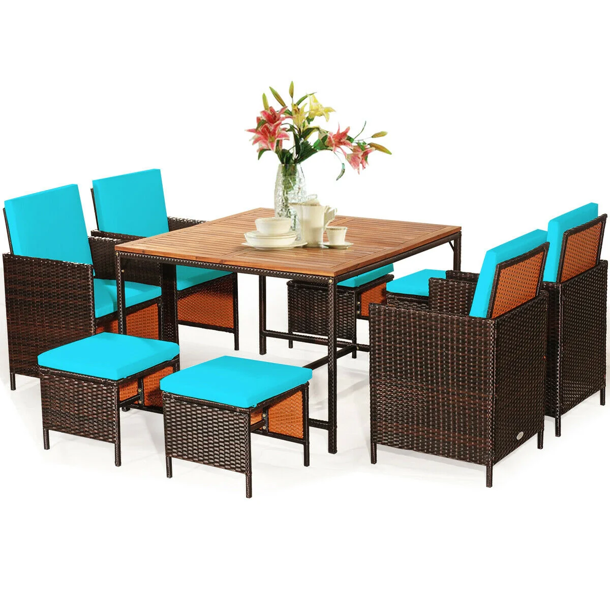 9PCS Patio Rattan Dining Cushioned Chairs Set, Turquoise - Image 5