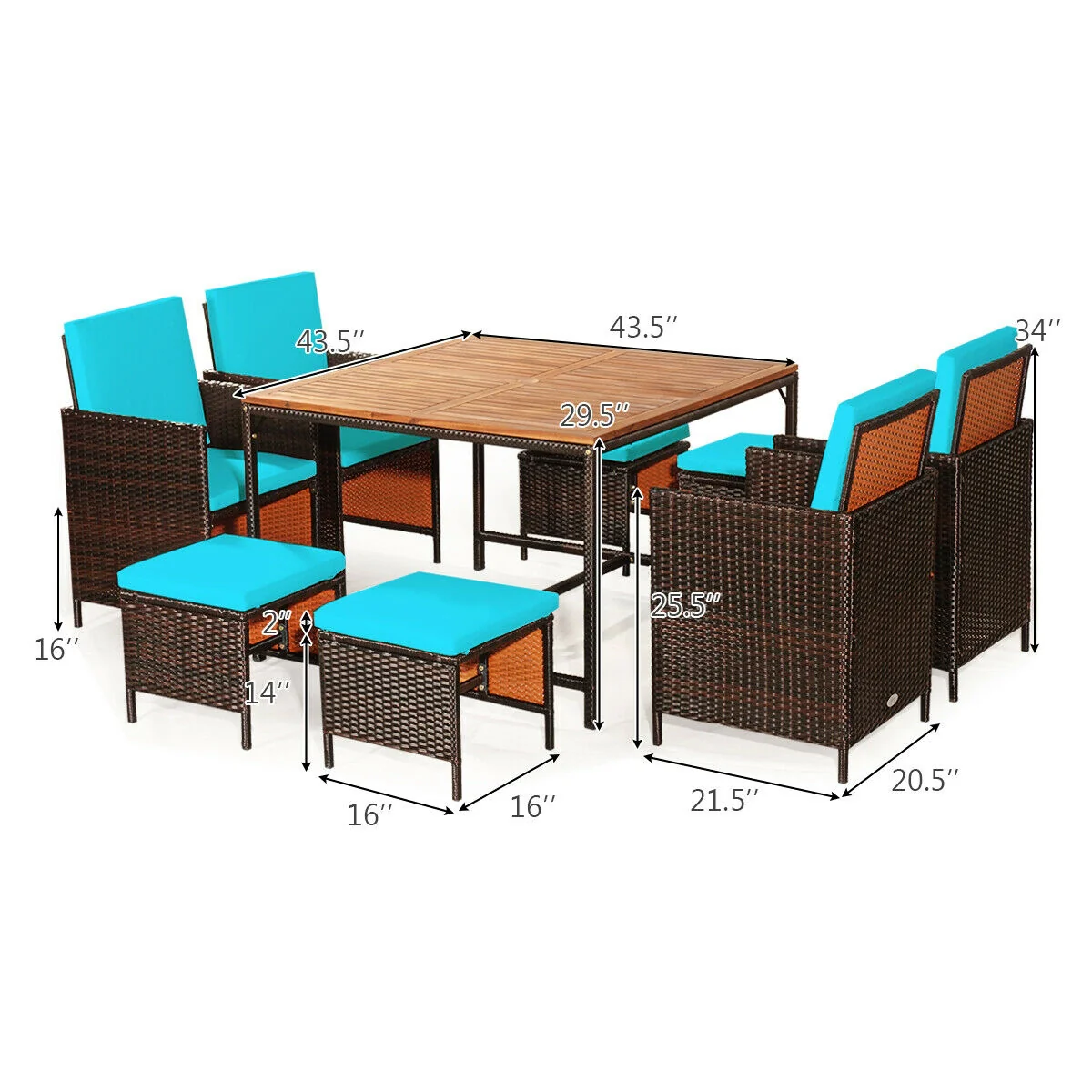 9PCS Patio Rattan Dining Cushioned Chairs Set, Turquoise - Image 6