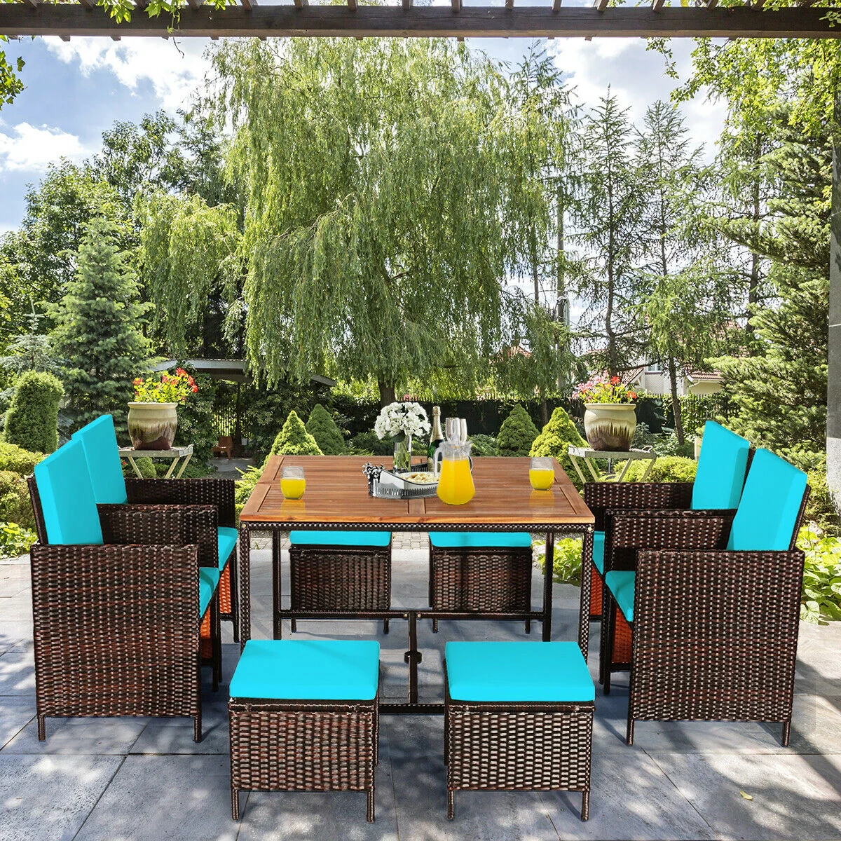 9PCS Patio Rattan Dining Cushioned Chairs Set, Turquoise - Image 7