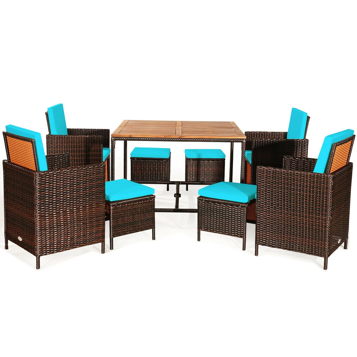 9PCS Patio Rattan Dining Cushioned Chairs Set, Turquoise - Image 8