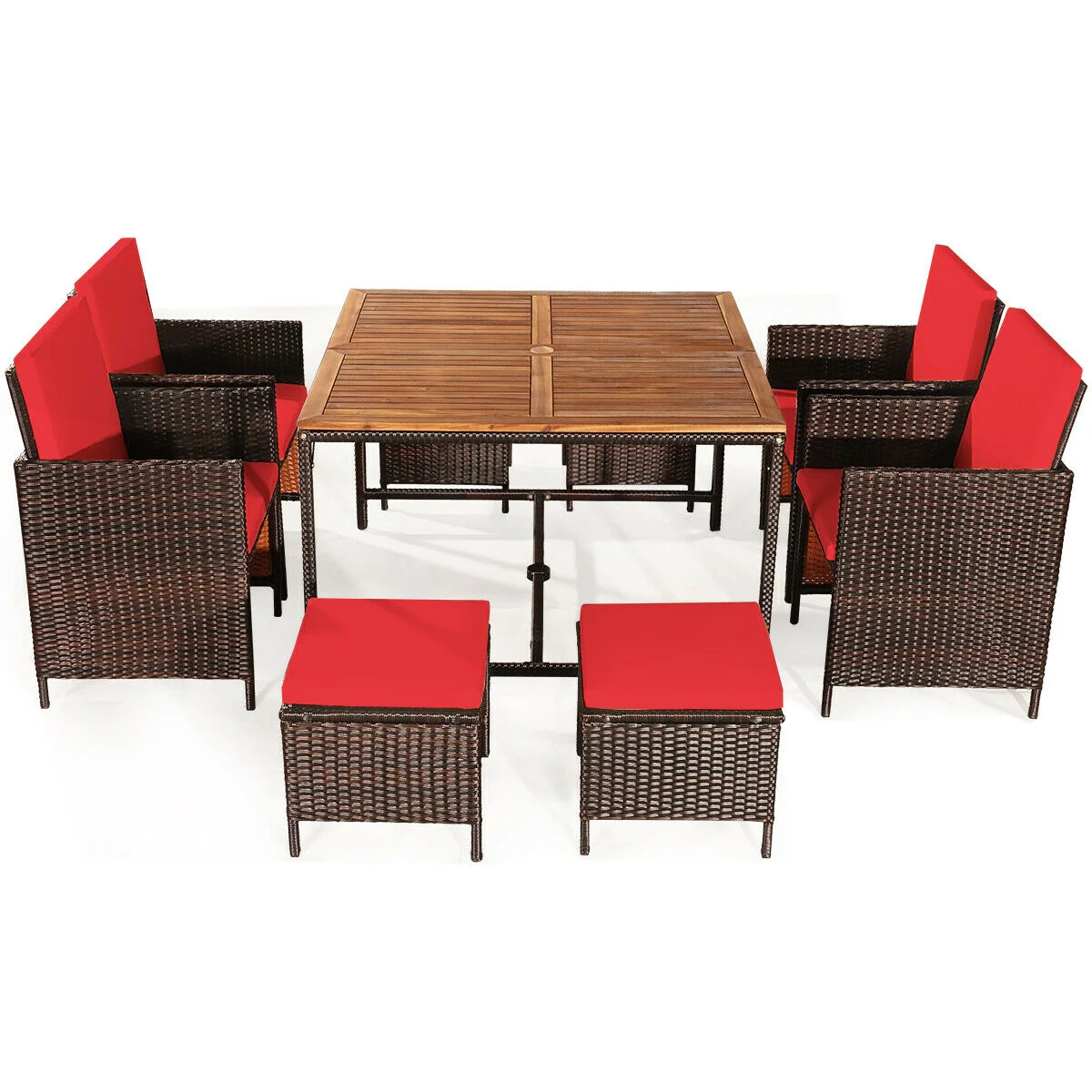 9PCS Rattan Dining Chair Set, Cushioned, Red - Image 4