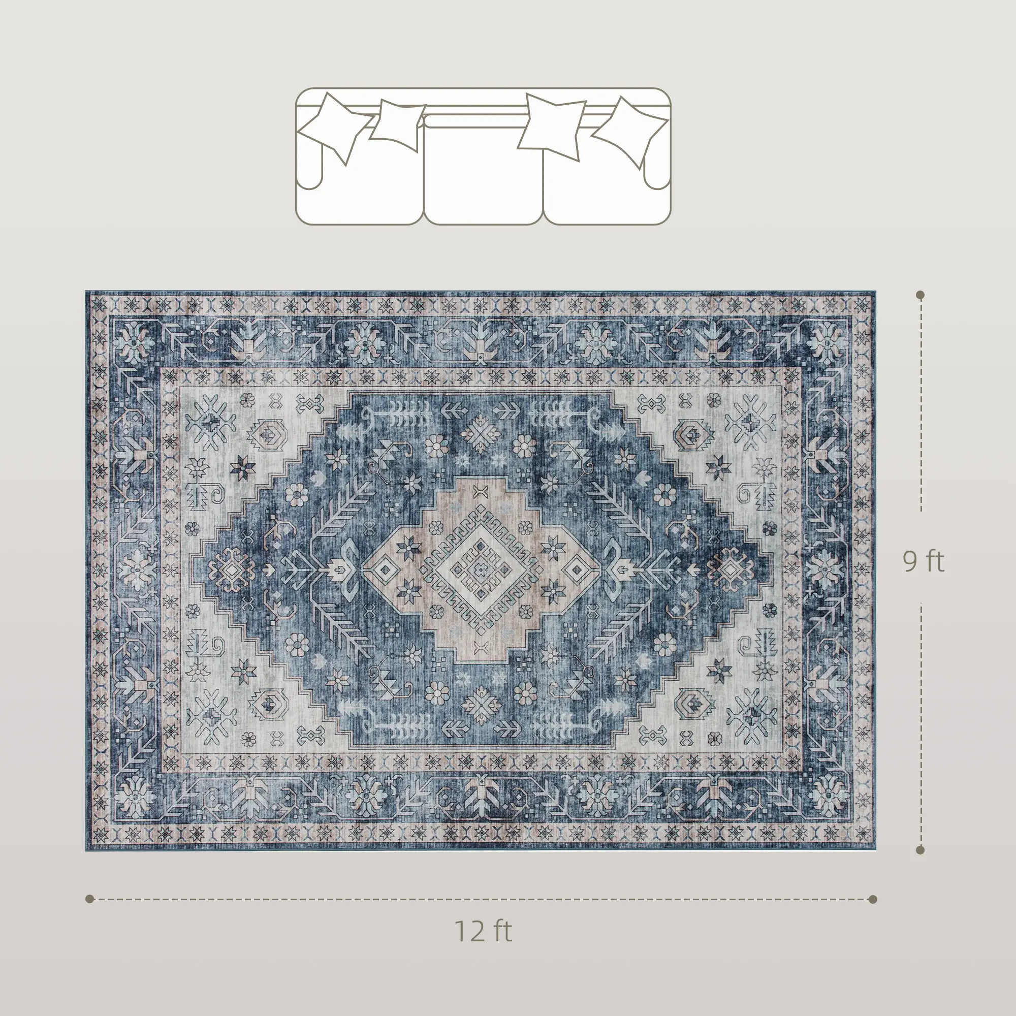 9x12 Vintage Washable Non-Slip Rug, for Living, Bedroom, Dining, Blue - Image 3