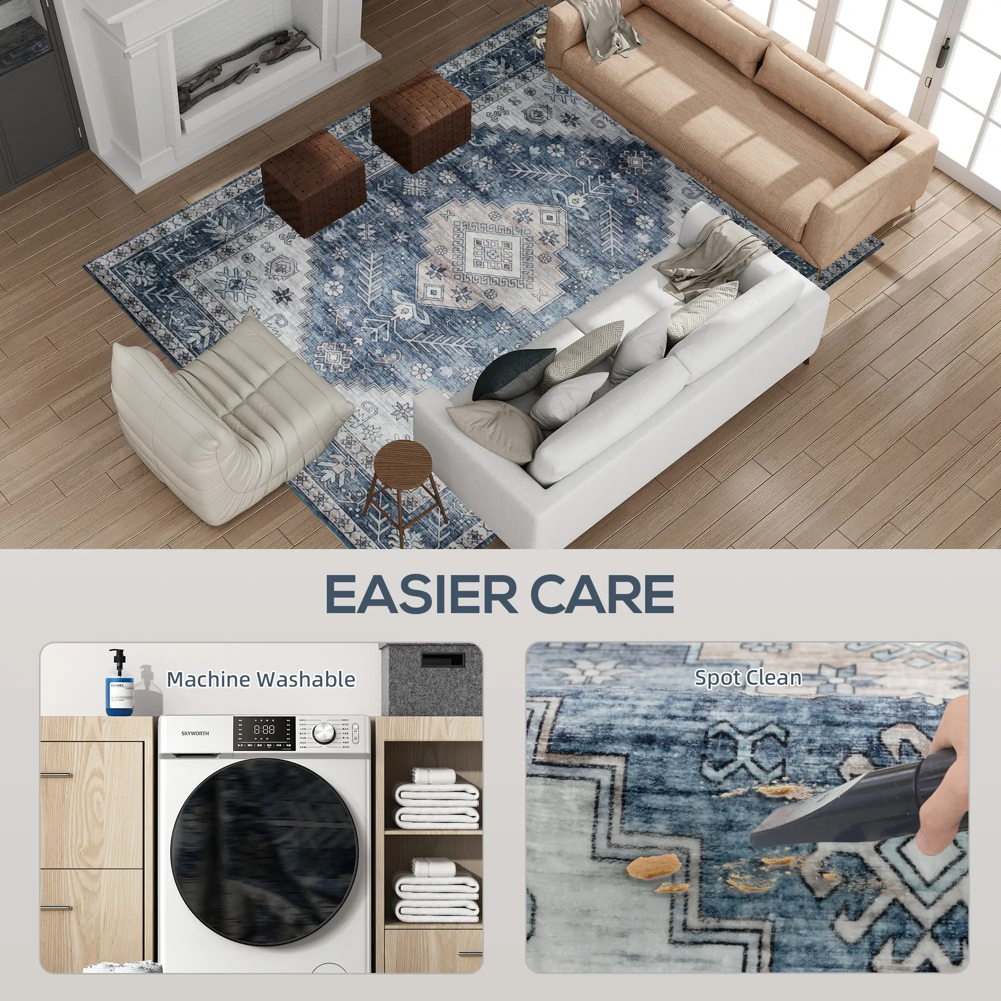 9x12 Vintage Washable Non-Slip Rug, for Living, Bedroom, Dining, Blue - Image 5