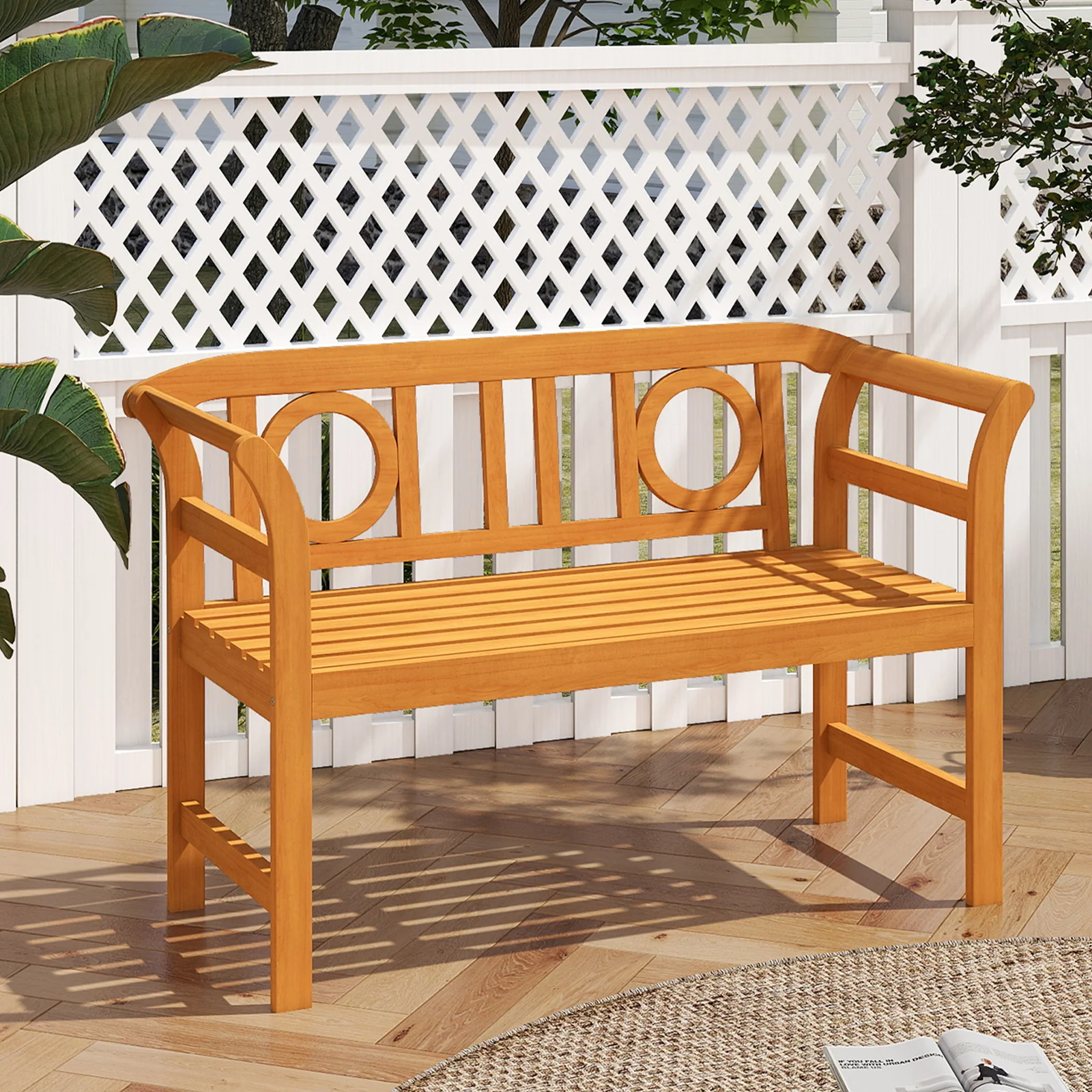Acacia Wood 2-Person Patio Loveseat with Backrest and Armrests for Backyard - Image 2