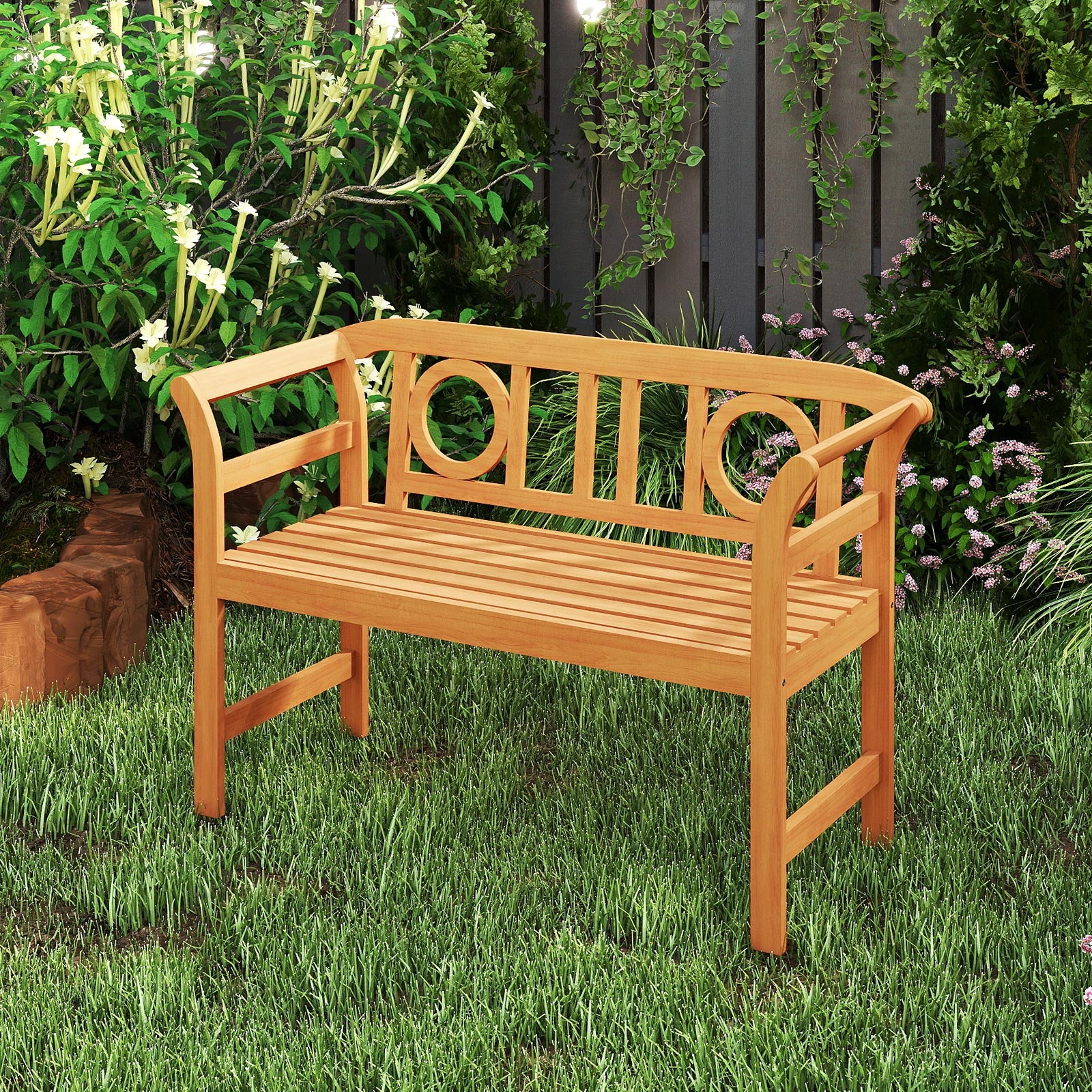Acacia Wood 2-Person Patio Loveseat with Backrest and Armrests for Backyard - Image 3