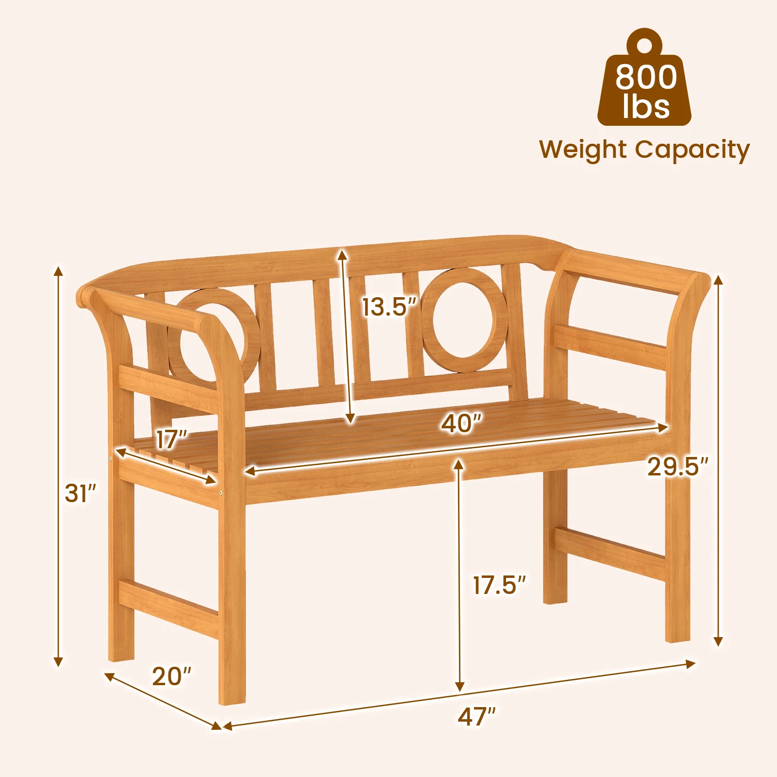 Acacia Wood 2-Person Patio Loveseat with Backrest and Armrests for Backyard - Image 5