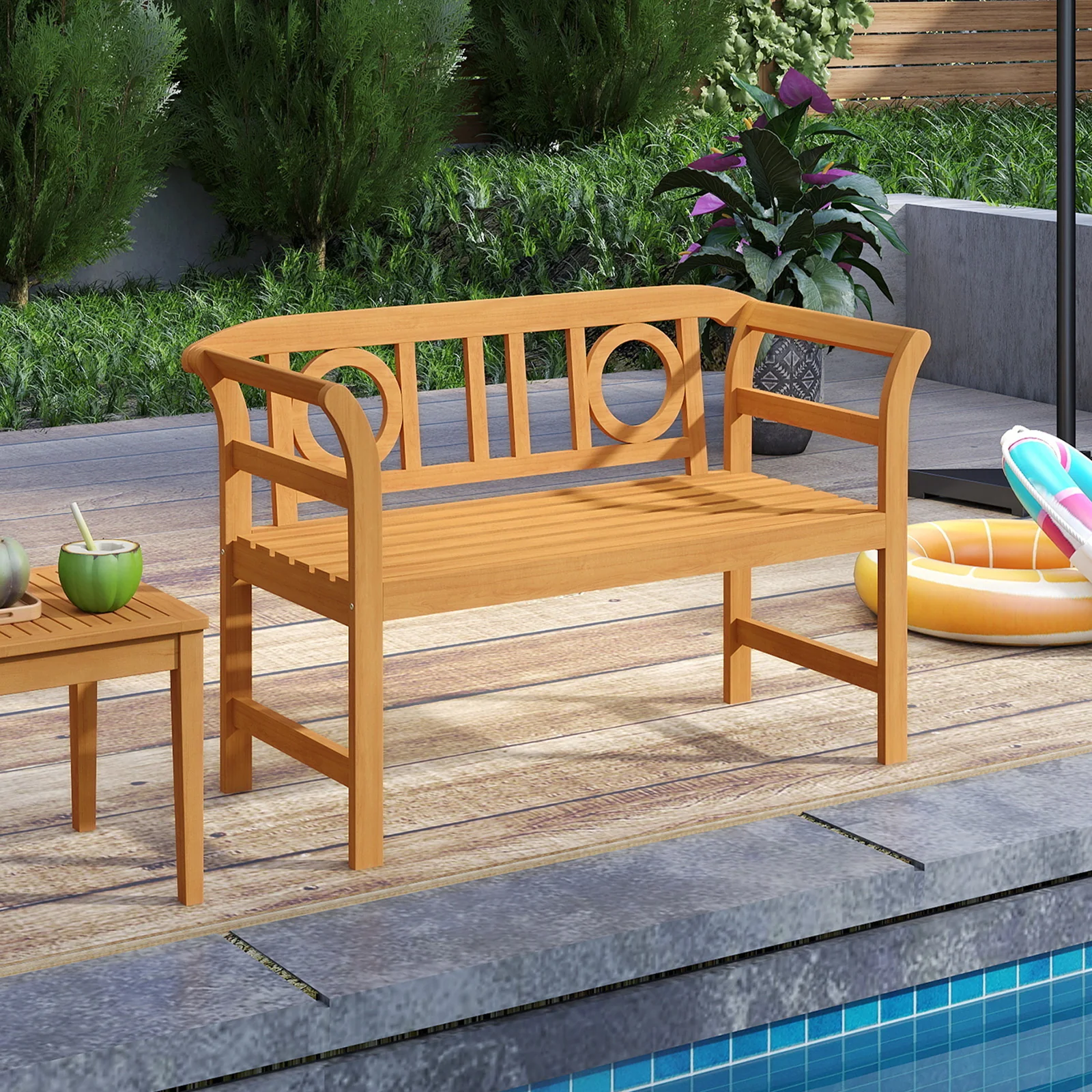 Acacia Wood 2-Person Patio Loveseat with Backrest and Armrests for Backyard - Image 6