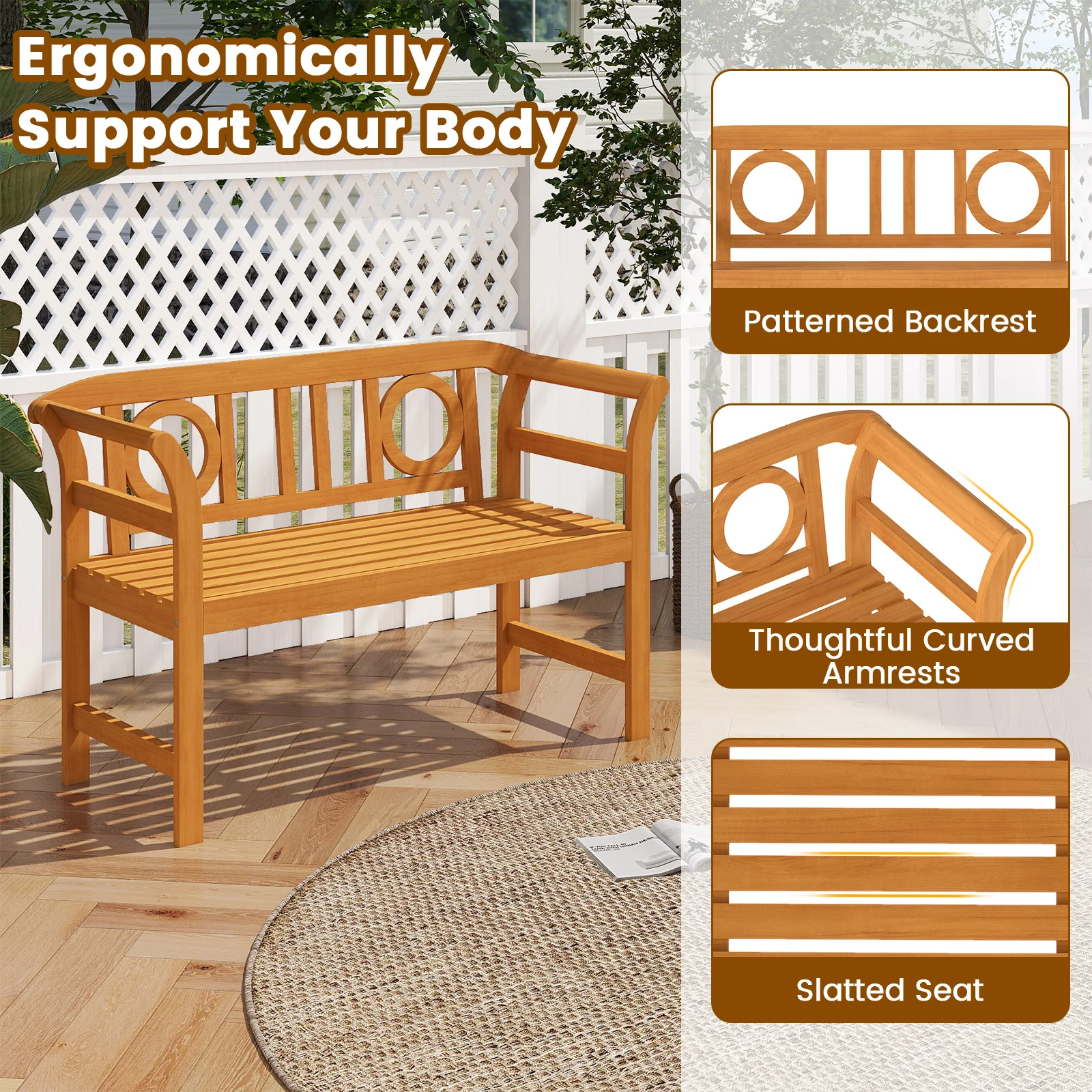 Acacia Wood 2-Person Patio Loveseat with Backrest and Armrests for Backyard - Image 9