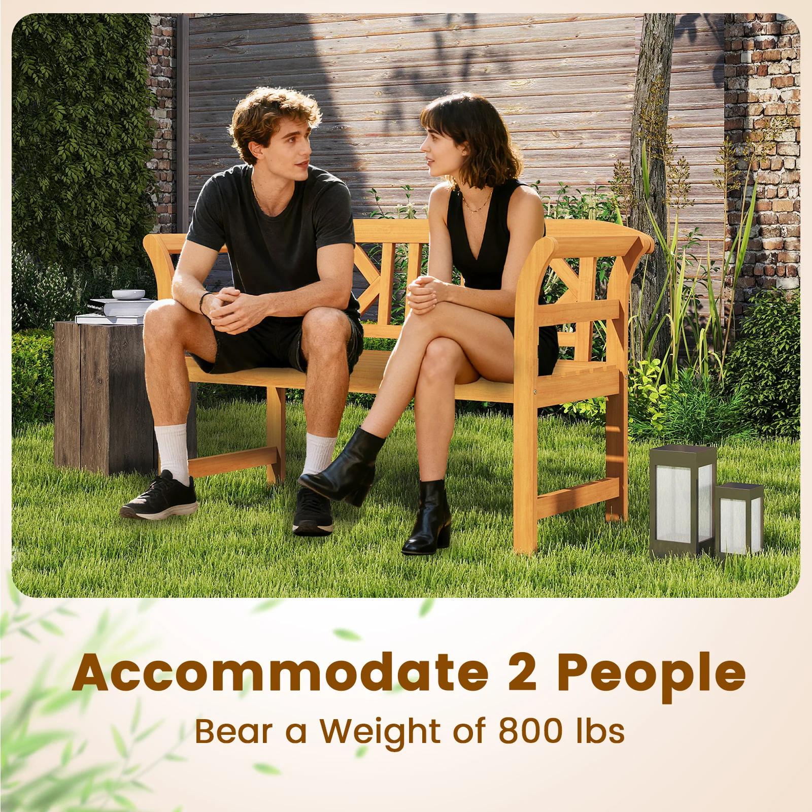 Acacia Wood 2-Person Patio Loveseat with Backrest and Armrests for Porch - Image 10