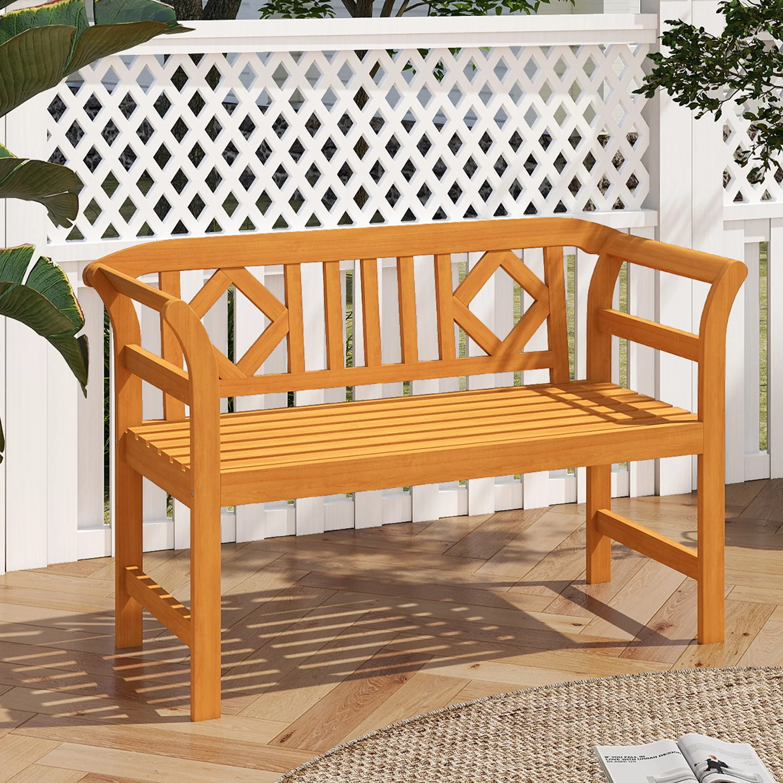 Acacia Wood 2-Person Patio Loveseat with Backrest and Armrests for Porch - Image 2