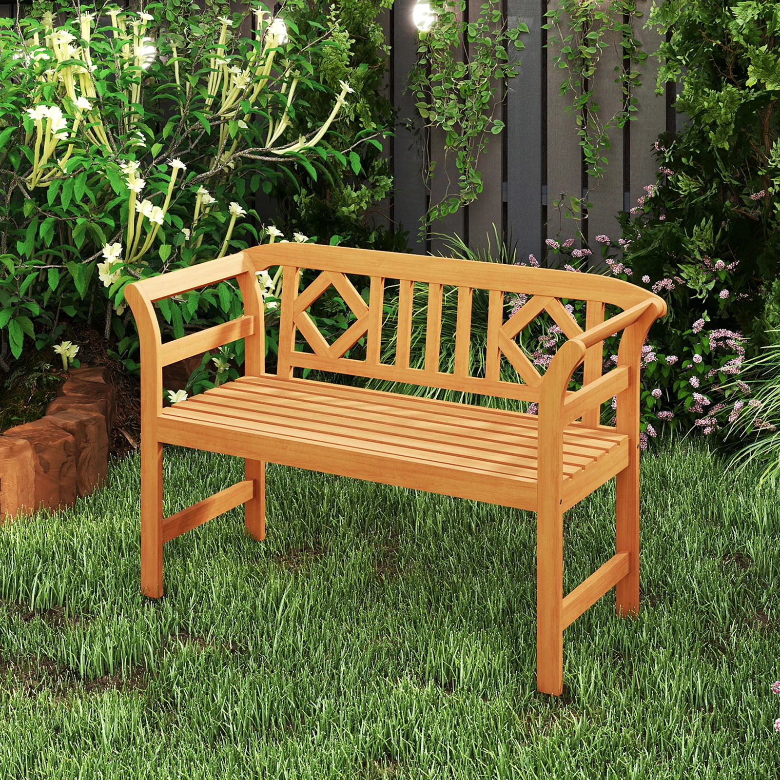 Acacia Wood 2-Person Patio Loveseat with Backrest and Armrests for Porch - Image 3