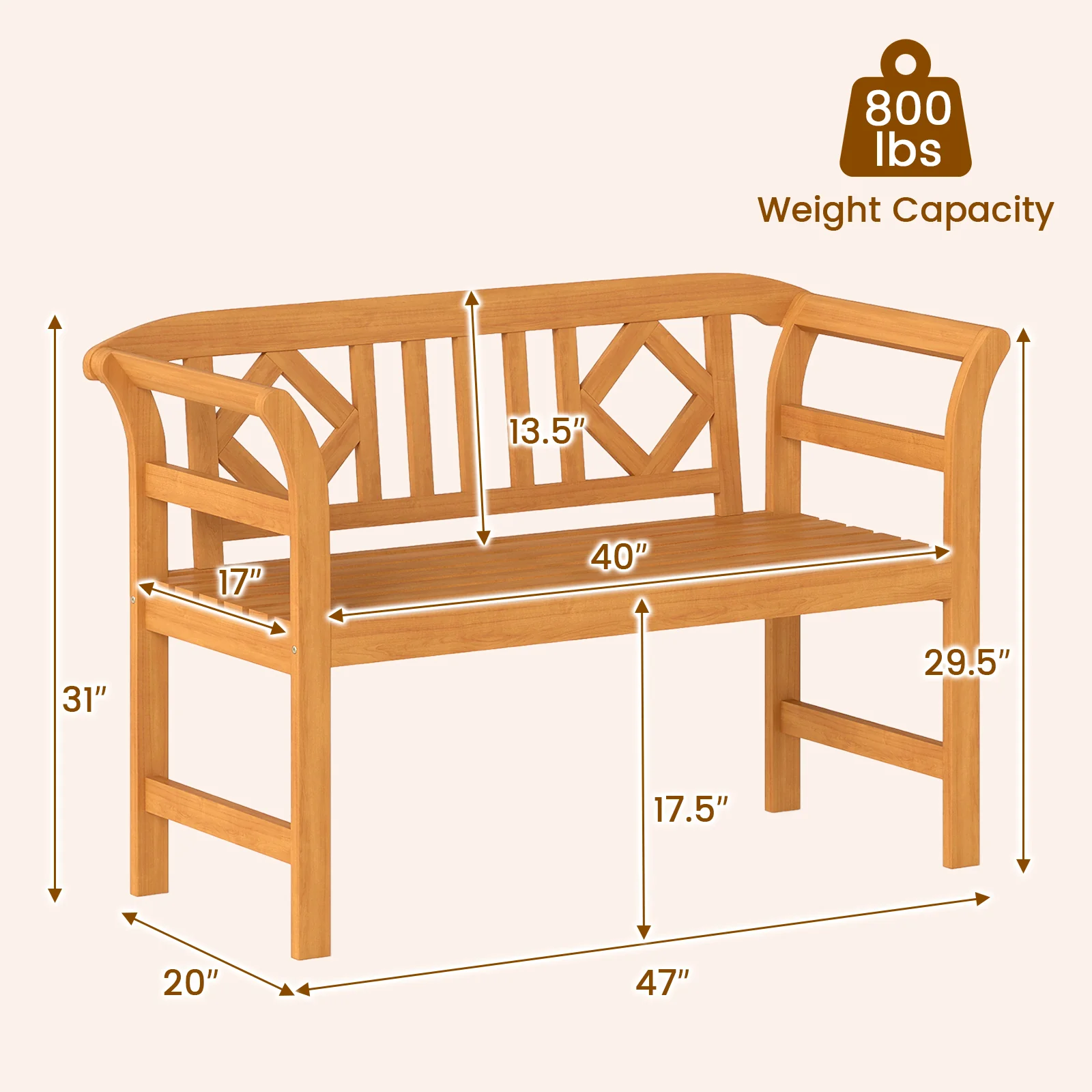 Acacia Wood 2-Person Patio Loveseat with Backrest and Armrests for Porch - Image 5