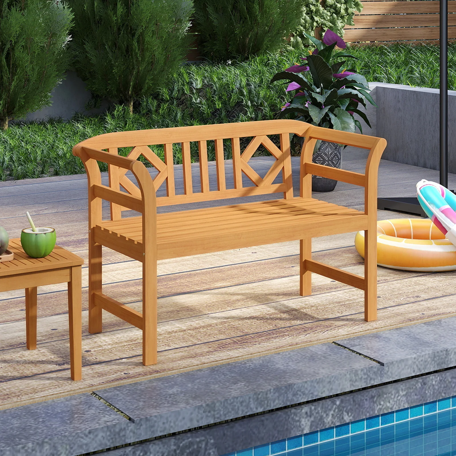 Acacia Wood 2-Person Patio Loveseat with Backrest and Armrests for Porch - Image 6