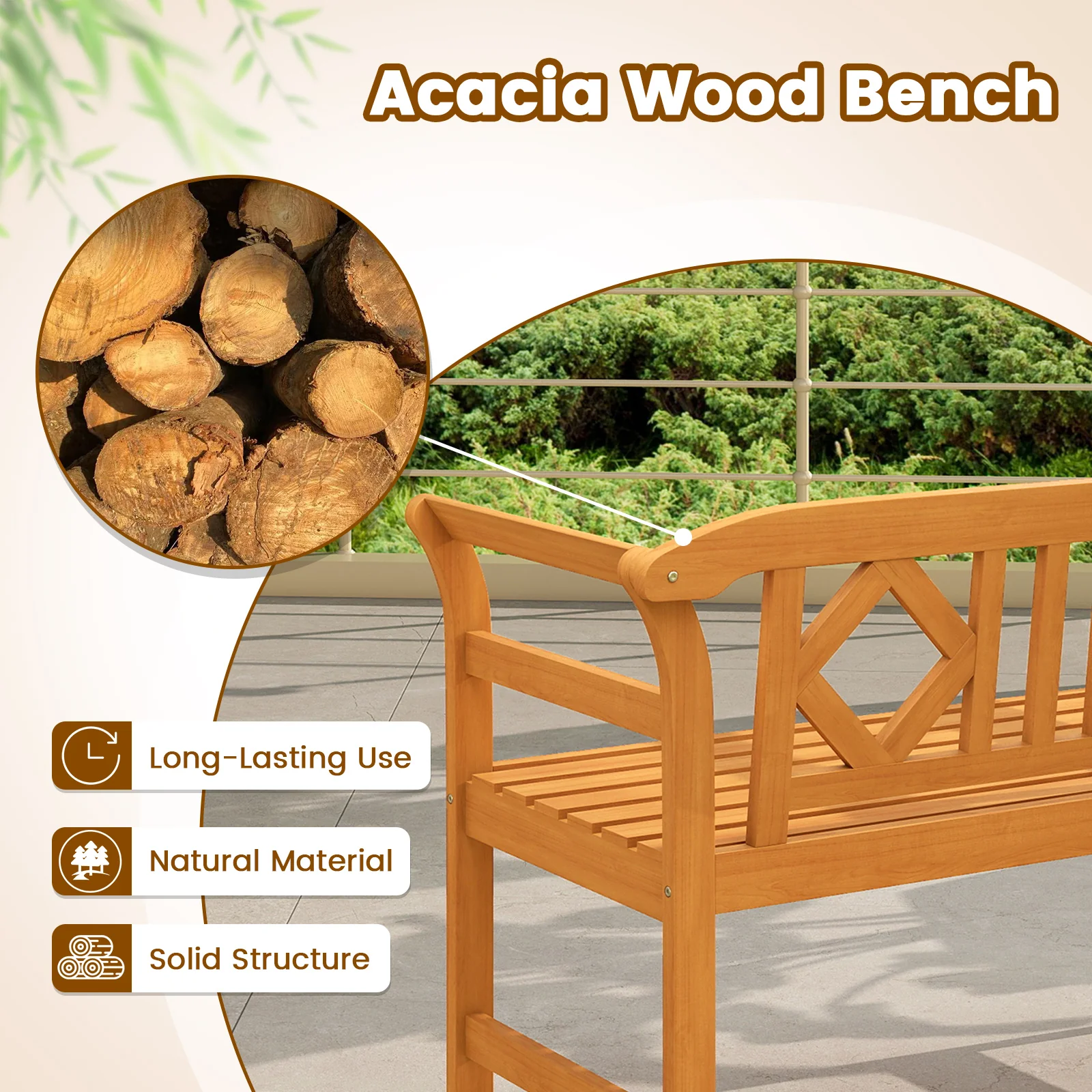 Acacia Wood 2-Person Patio Loveseat with Backrest and Armrests for Porch - Image 7