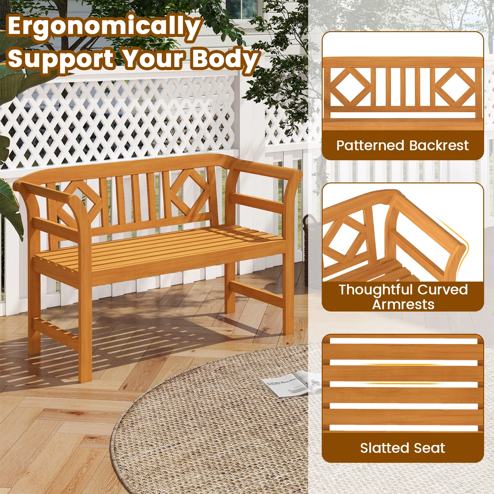 Acacia Wood 2-Person Patio Loveseat with Backrest and Armrests for Porch - Image 9
