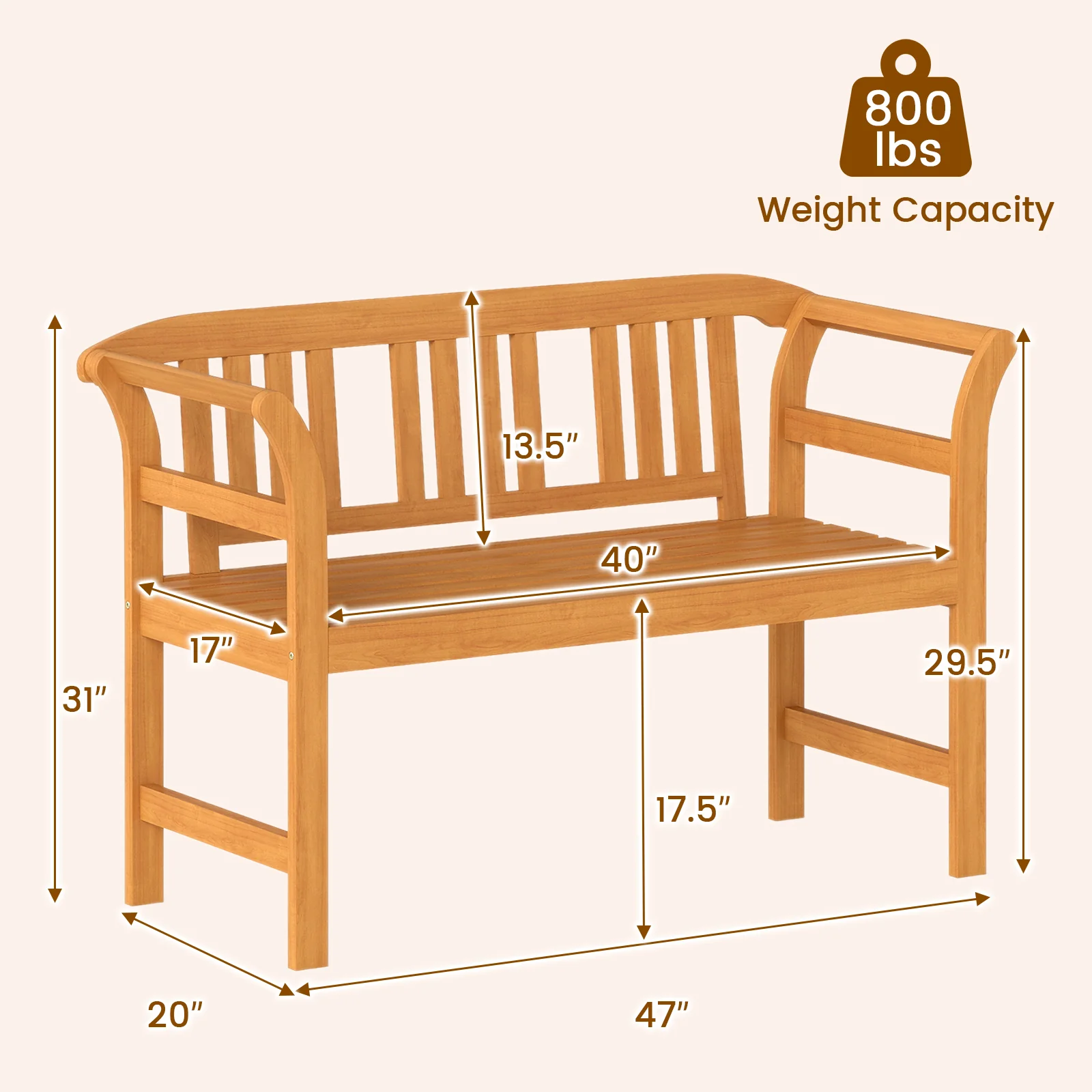 Acacia Wood 2-Person Patio Loveseat with Backrest and Armrests - Image 5