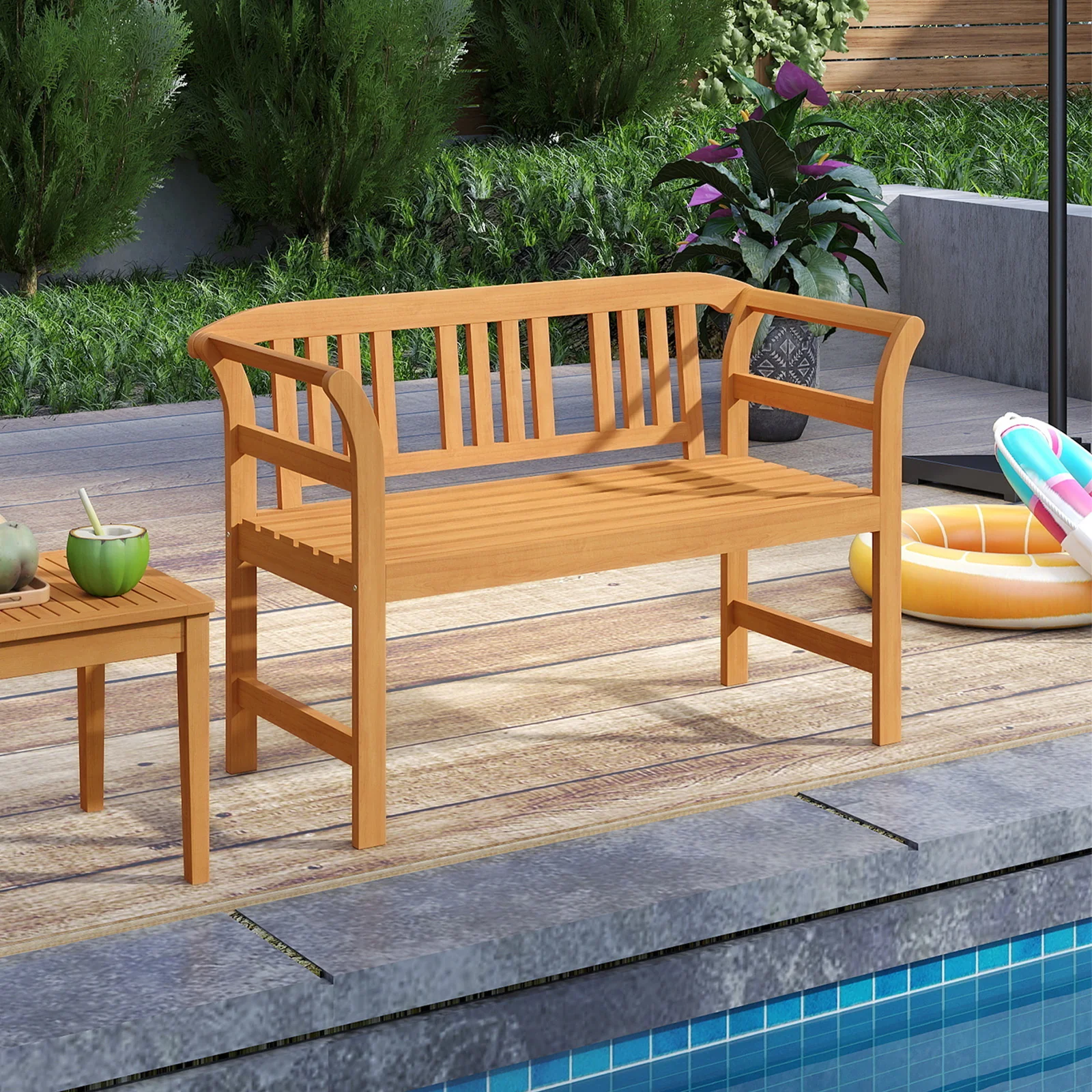 Acacia Wood 2-Person Patio Loveseat with Backrest and Armrests - Image 6