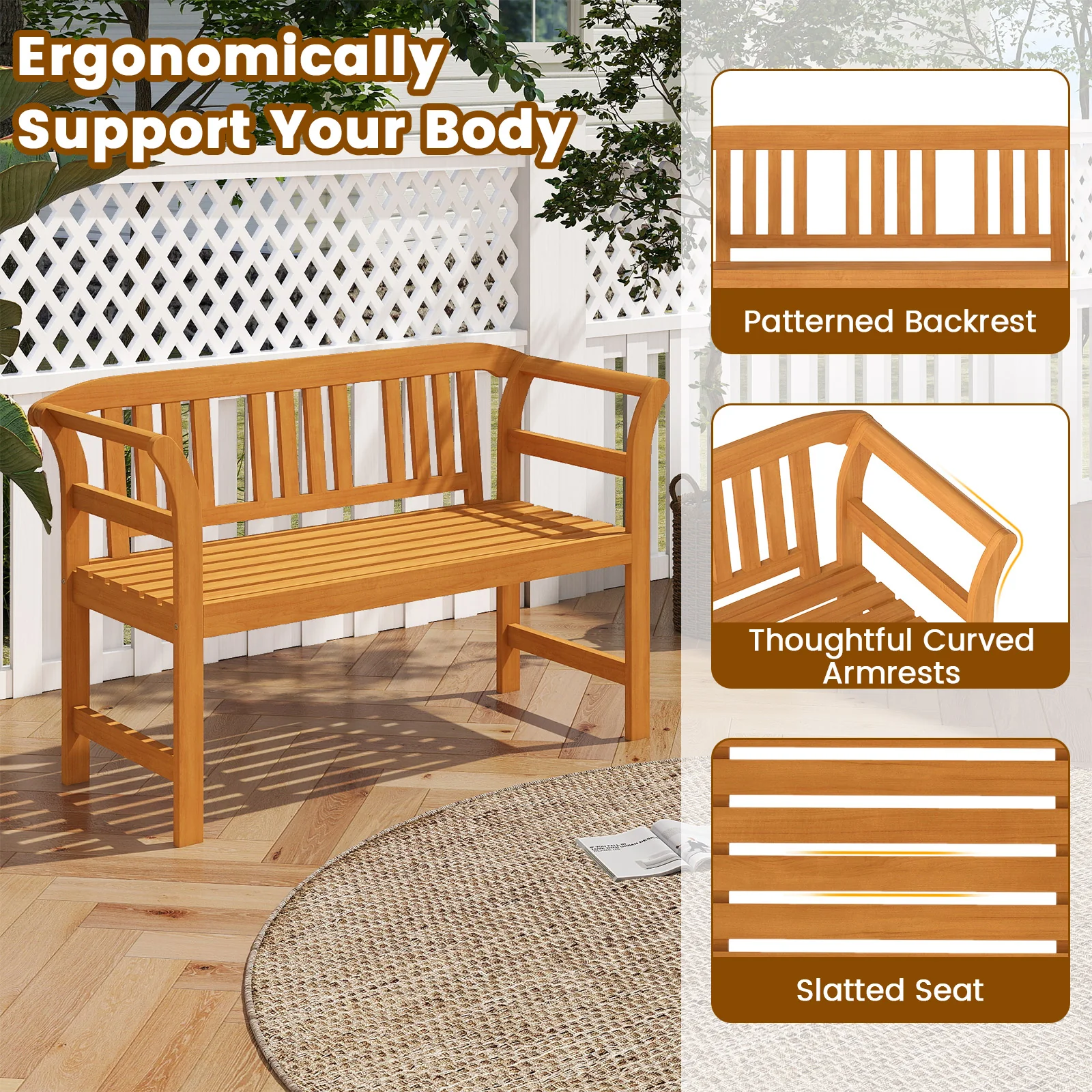 Acacia Wood 2-Person Patio Loveseat with Backrest and Armrests - Image 9