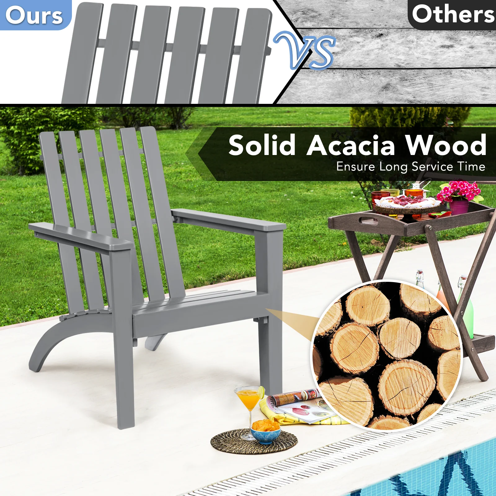 Acacia Wood Adirondack Lounge Armchair, Gray - Image 4