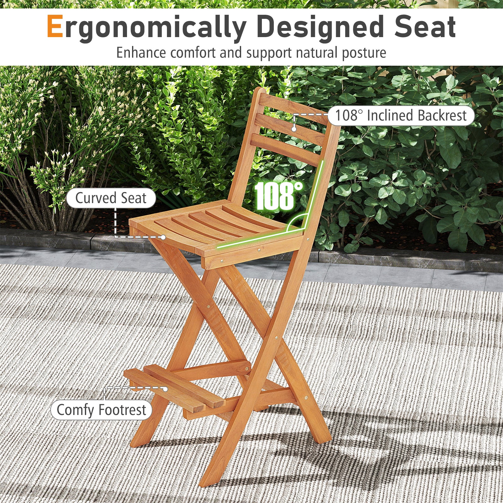 Acacia Wood Bar Height Chair with Backrest and Footrest for Backyard-1pcs - Image 10
