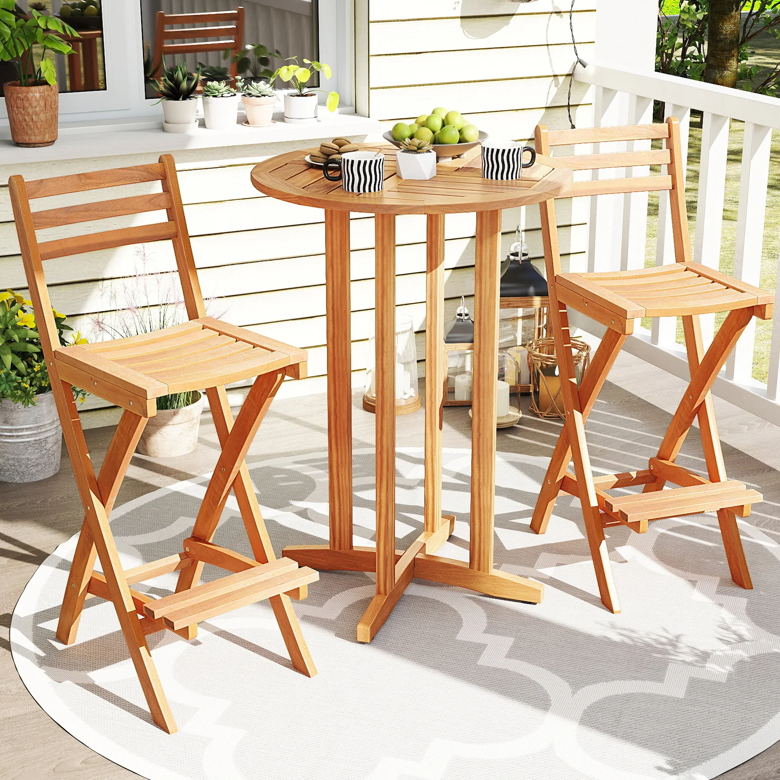 Acacia Wood Bar Height Chair with Backrest and Footrest for Backyard-1pcs - Image 2