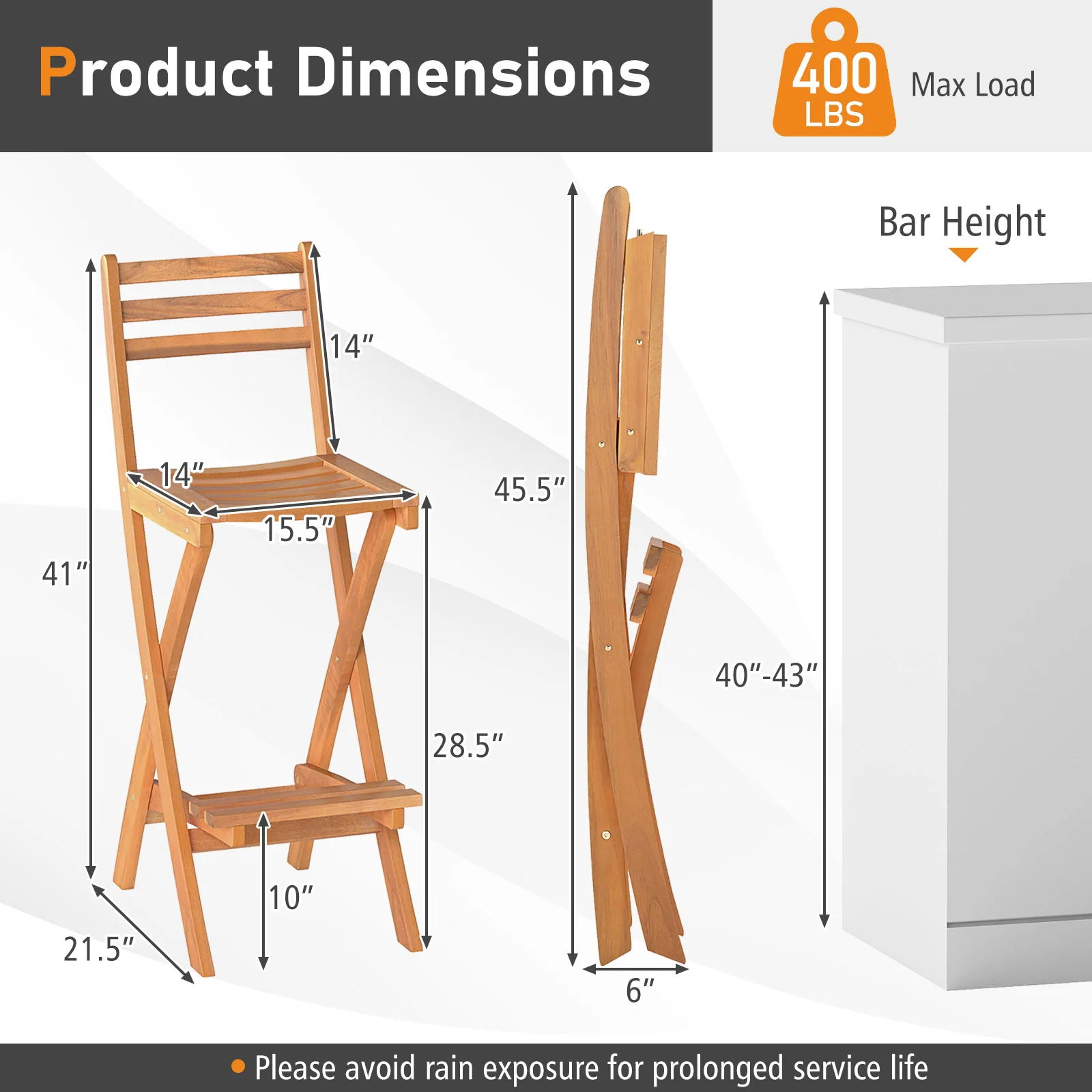 Acacia Wood Bar Height Chair with Backrest and Footrest for Backyard-1pcs - Image 5