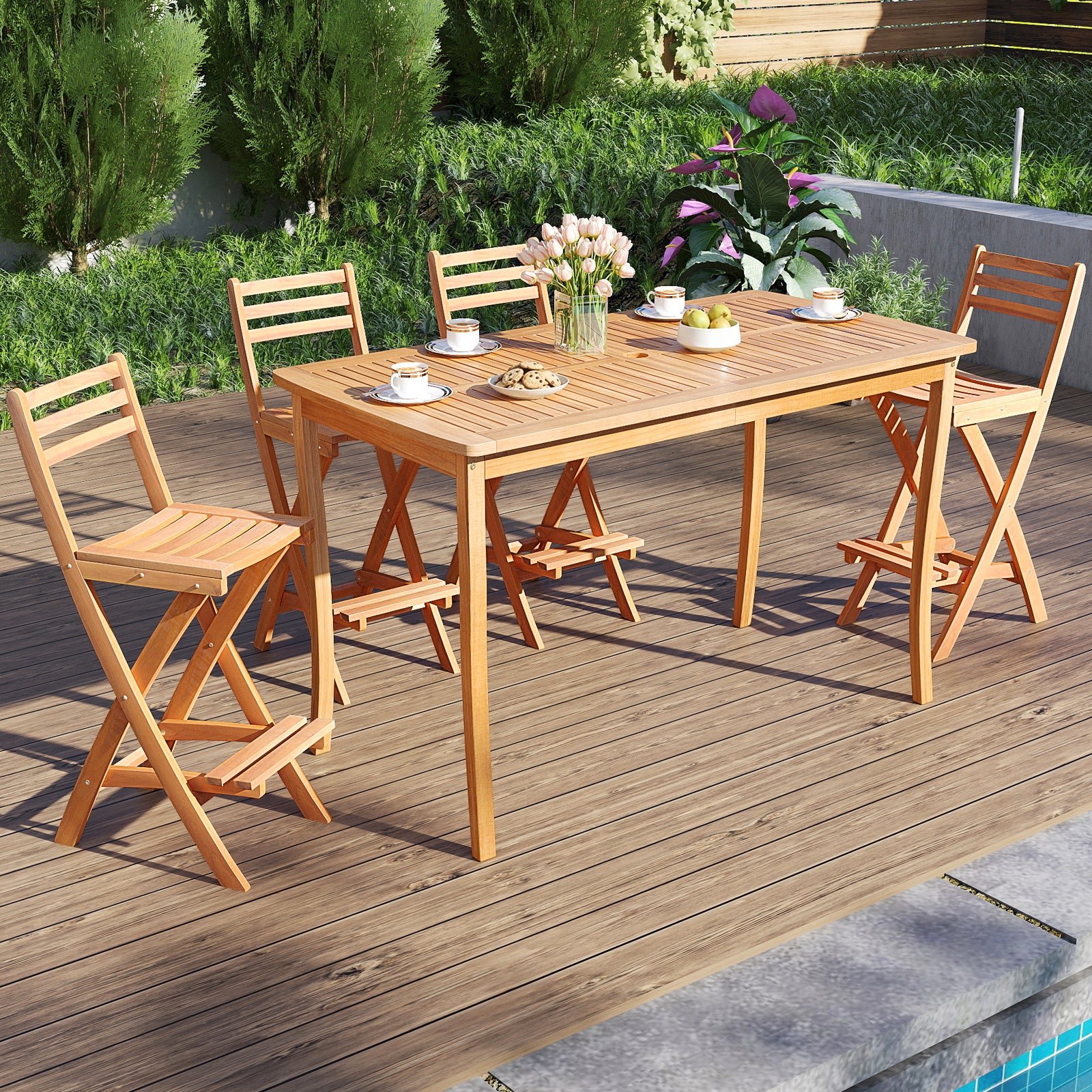 Acacia Wood Bar Height Chair with Backrest and Footrest for Backyard-1pcs - Image 6
