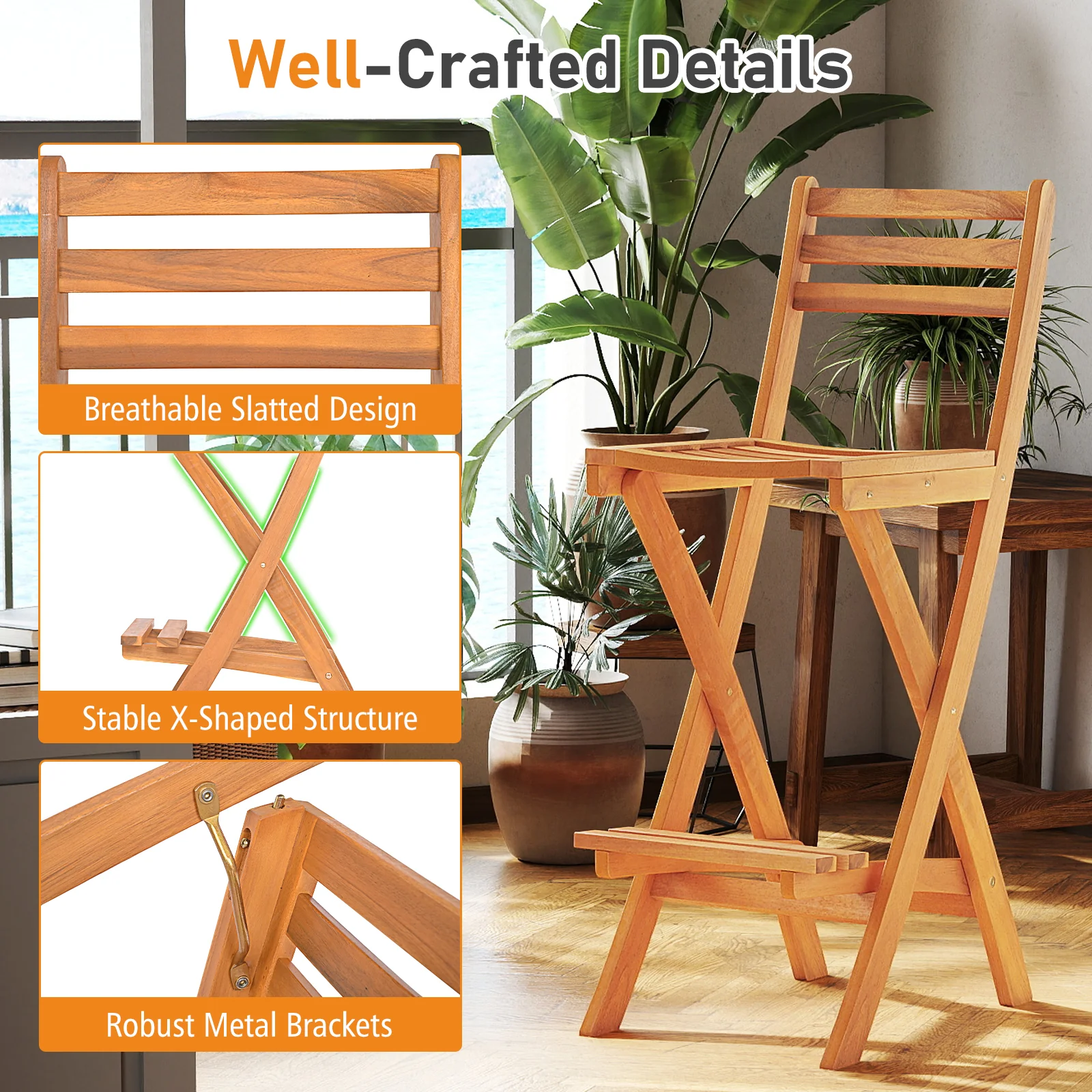 Acacia Wood Bar Height Chair with Backrest and Footrest for Backyard-1pcs - Image 8