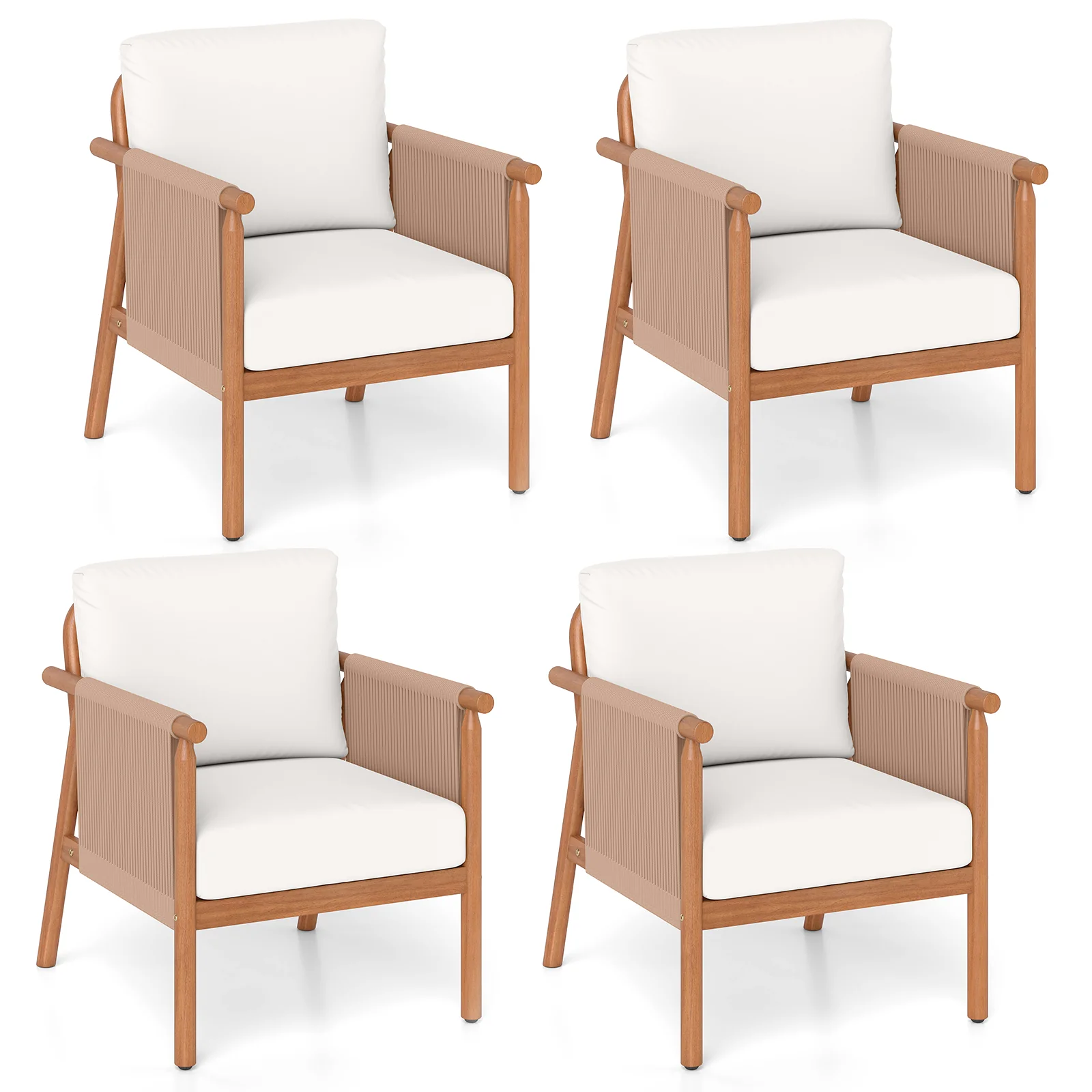 Acacia Wood Chair Set, 4 Piece, With Rope Armrests And Cushions, White