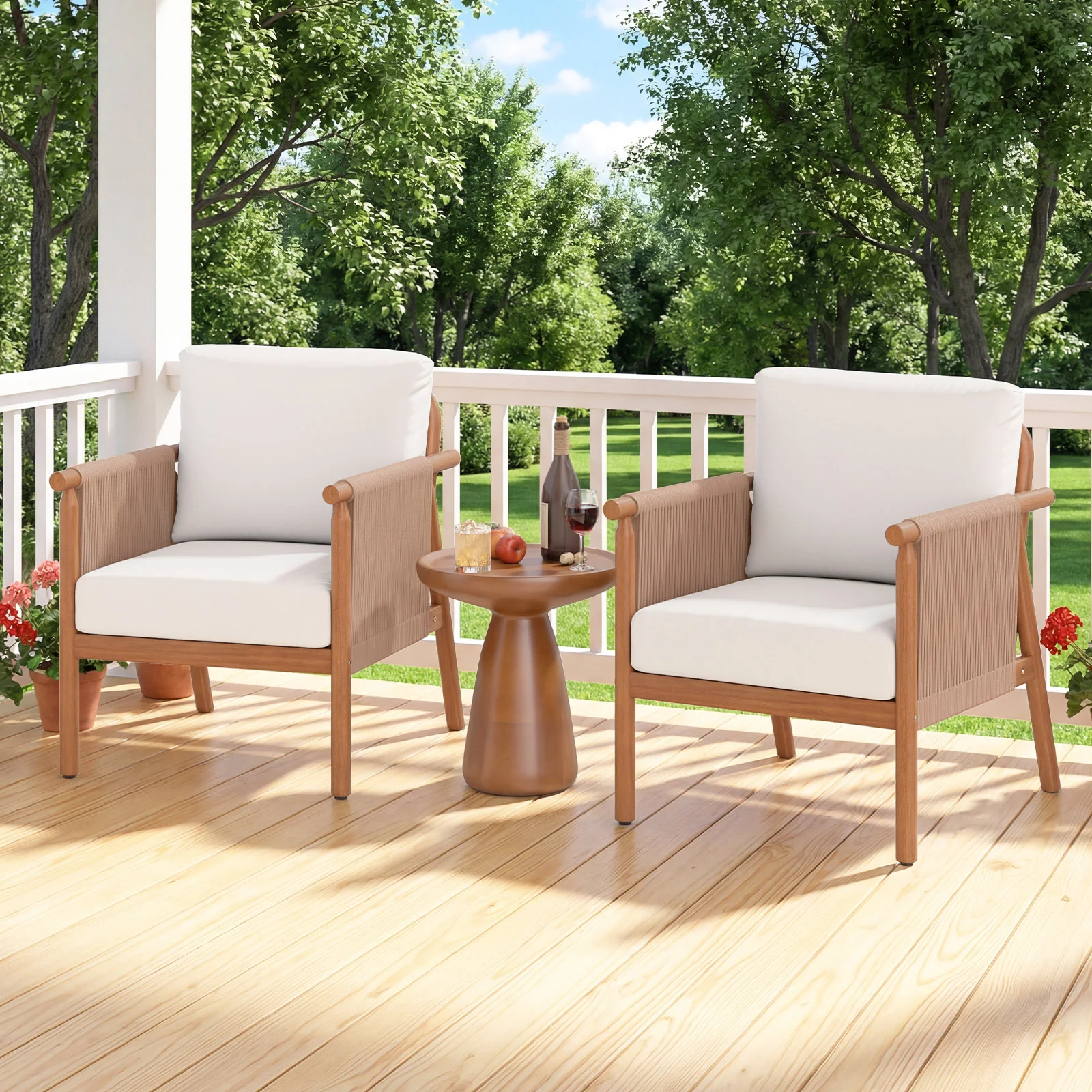 Acacia Wood Chair Set, 4 Piece, With Rope Armrests And Cushions, White - Image 2