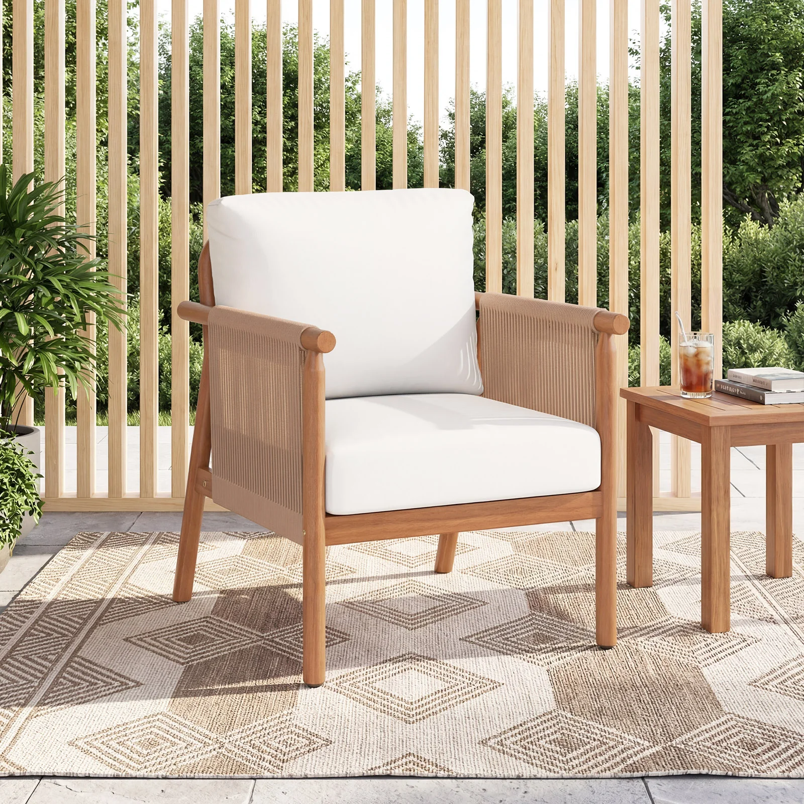 Acacia Wood Chair Set, 4 Piece, With Rope Armrests And Cushions, White - Image 3