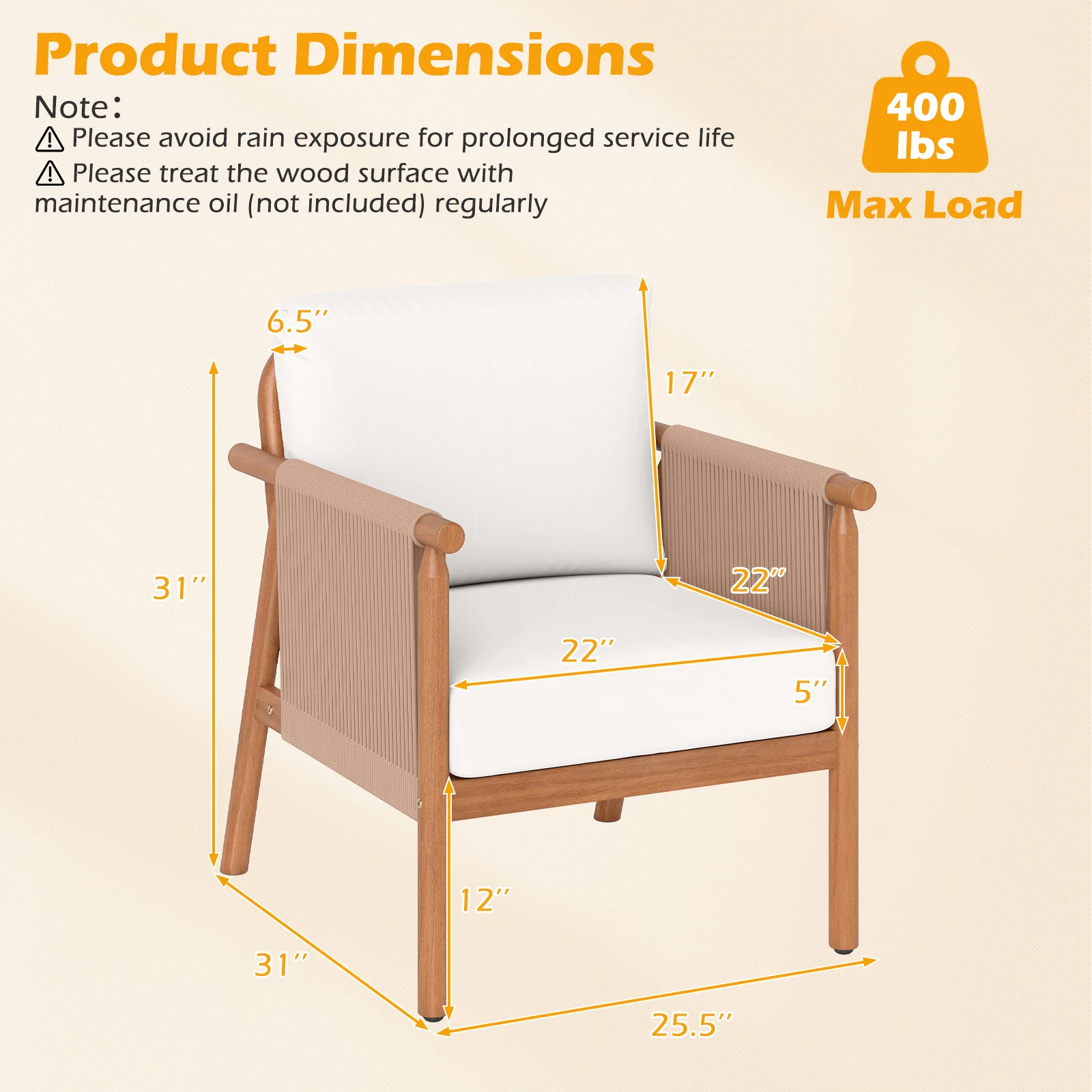 Acacia Wood Chair Set, 4 Piece, With Rope Armrests And Cushions, White - Image 4