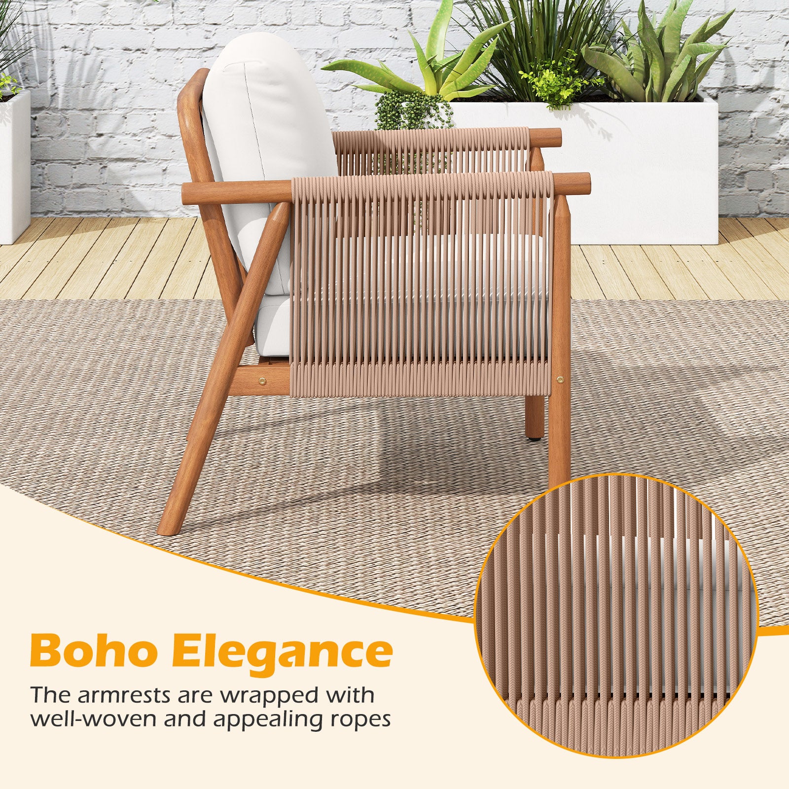 Acacia Wood Chair Set, 4 Piece, With Rope Armrests And Cushions, White - Image 6