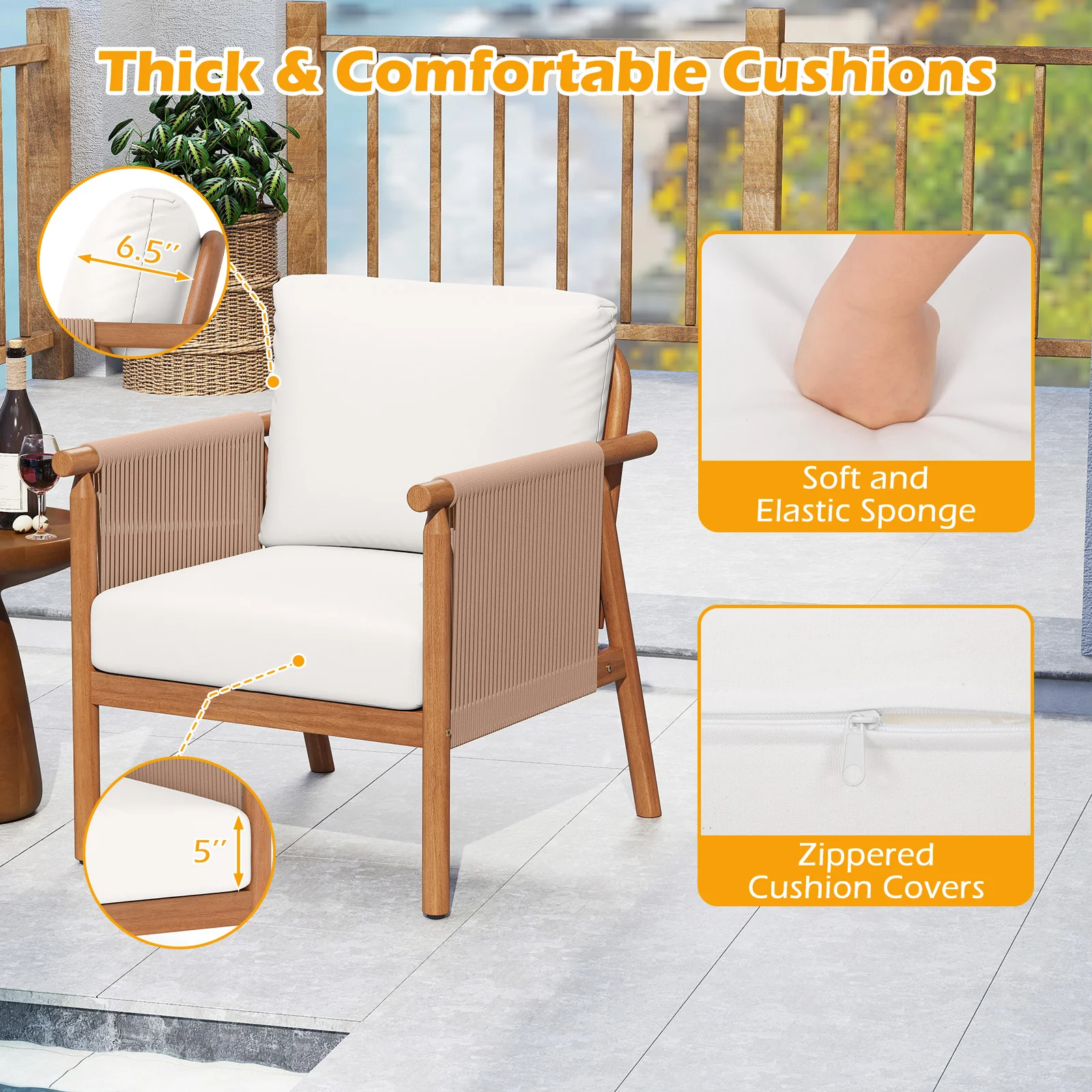 Acacia Wood Chair Set, 4 Piece, With Rope Armrests And Cushions, White - Image 8