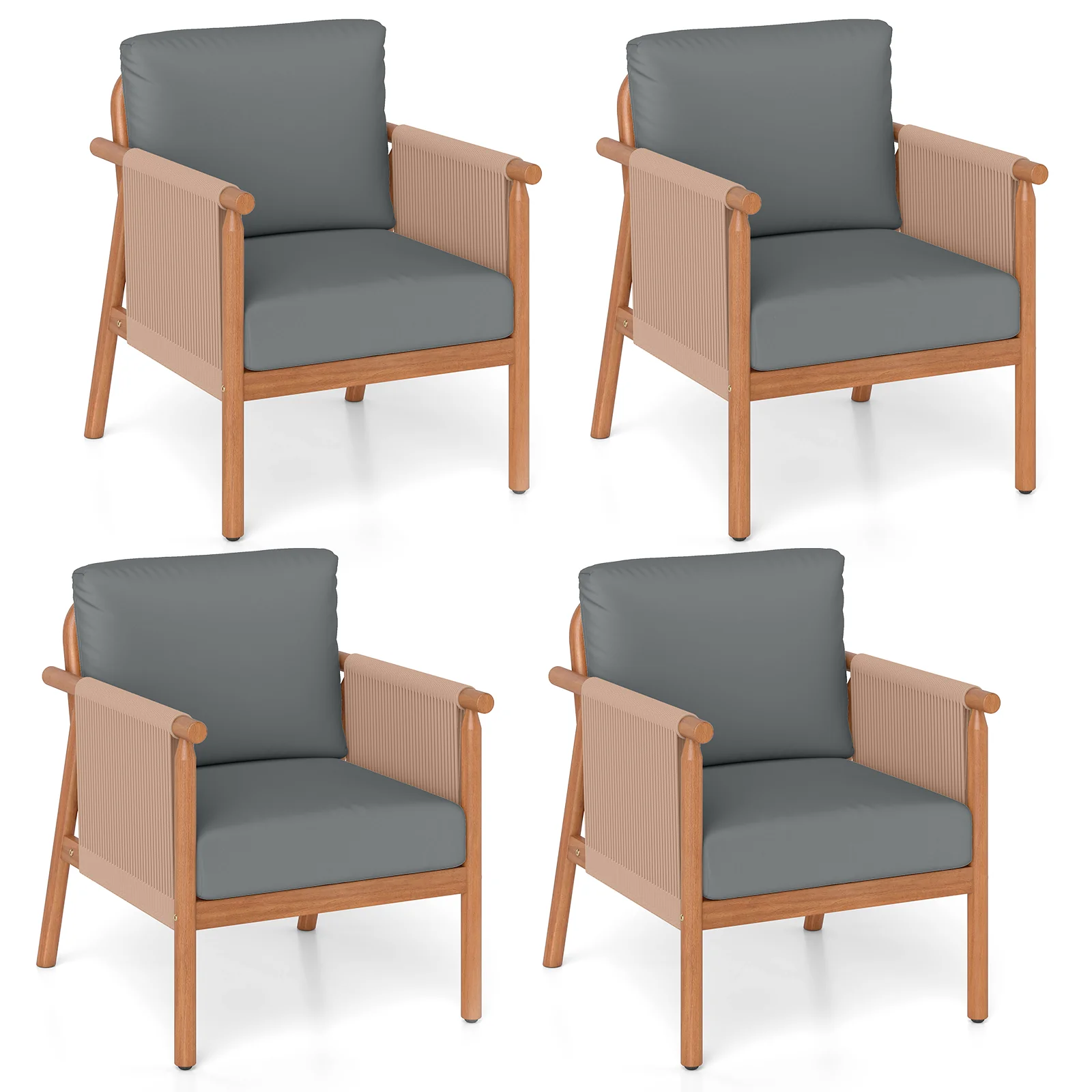 Acacia Wood Chair Set Of 4, With Woven Rope Armrests And Cushions, Gray