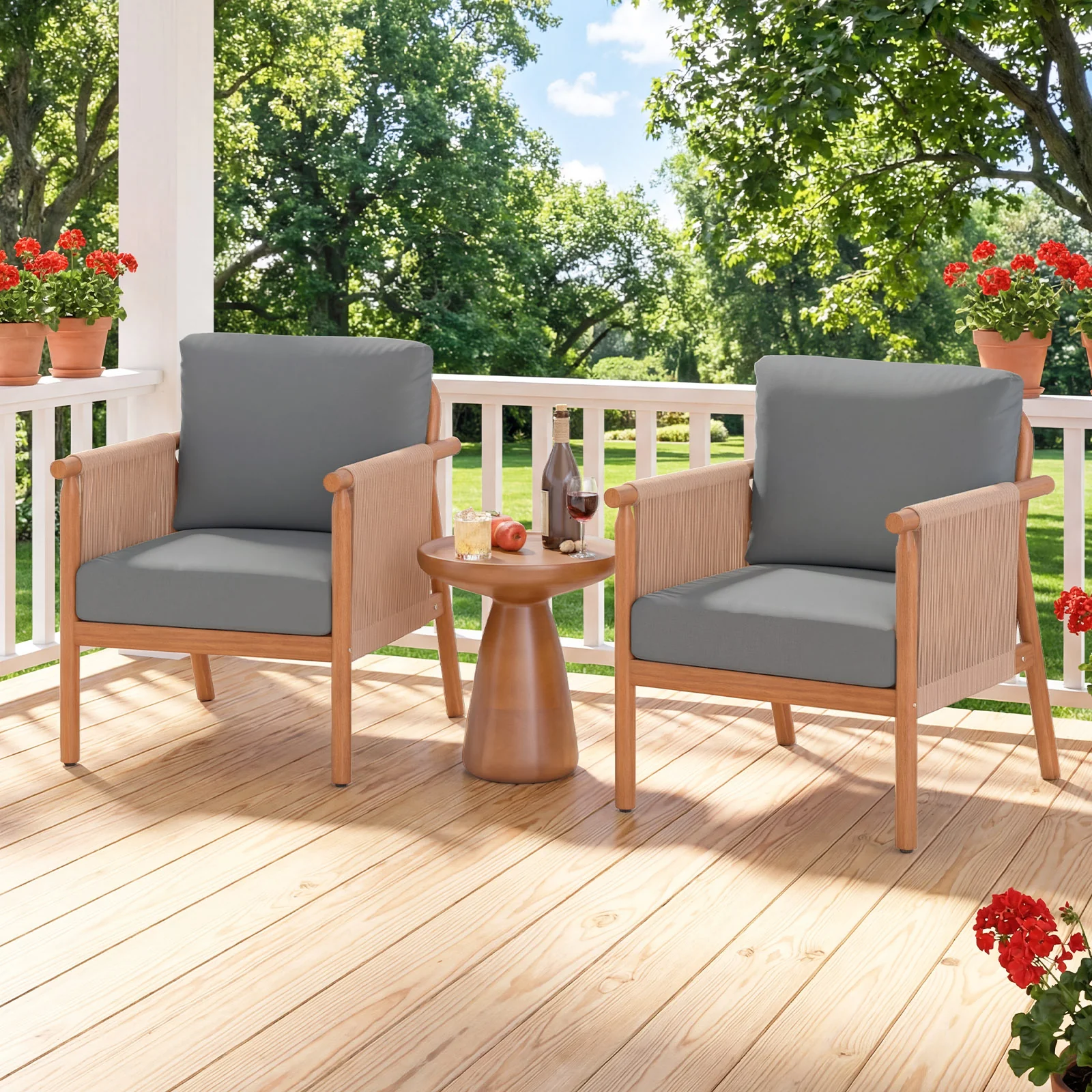 Acacia Wood Chair Set Of 4, With Woven Rope Armrests And Cushions, Gray - Image 3