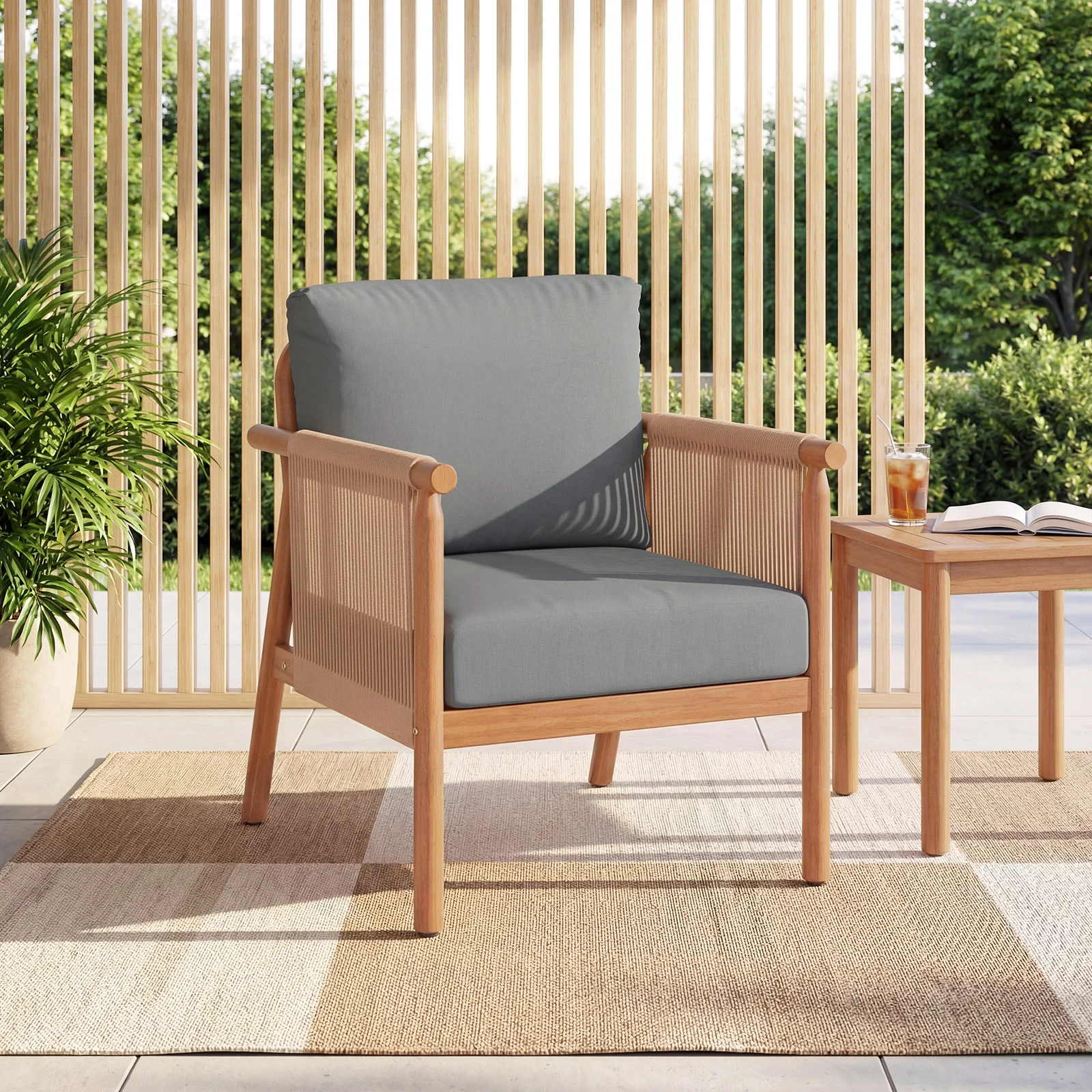 Acacia Wood Chair Set Of 4, With Woven Rope Armrests And Cushions, Gray - Image 5