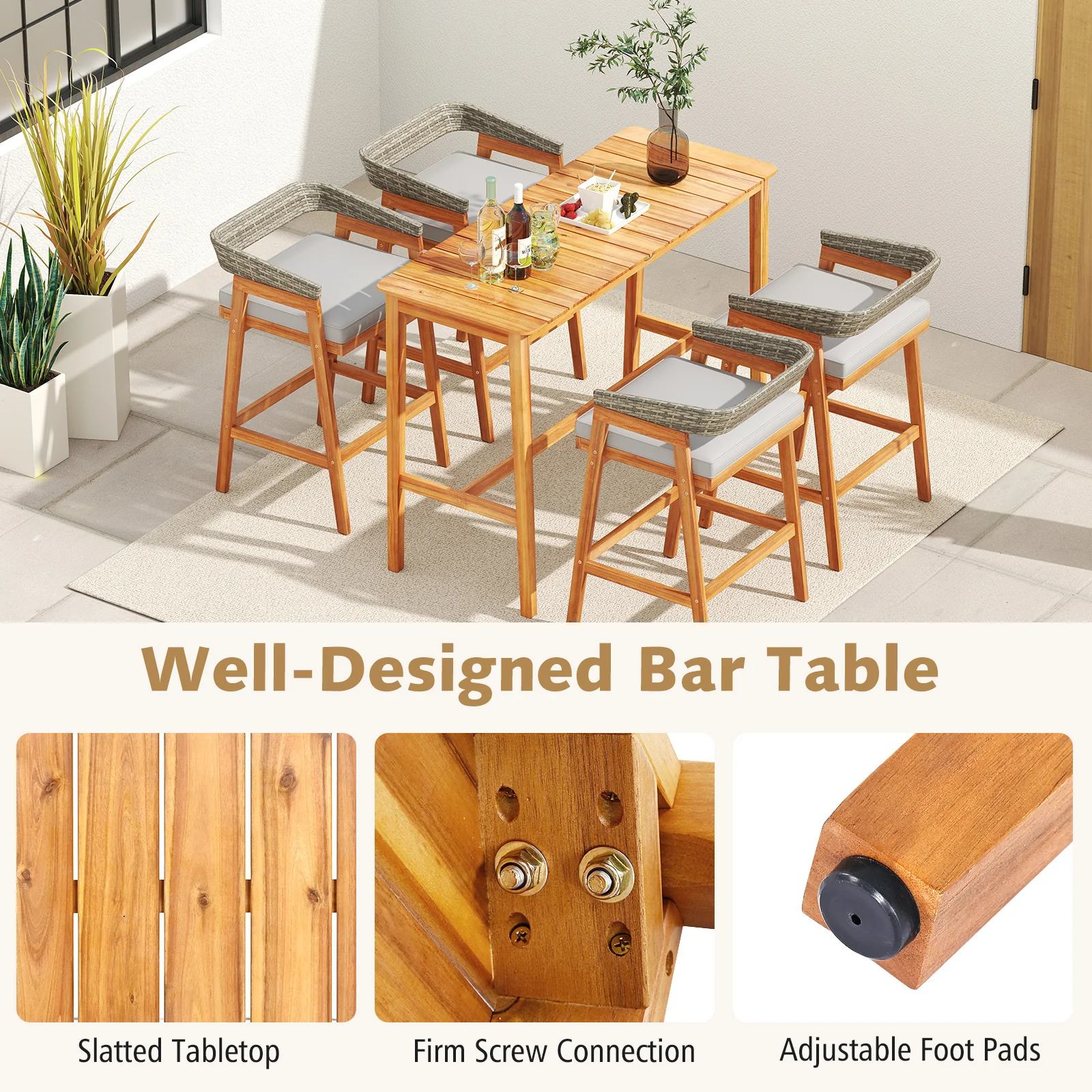 Acacia Wood Counter Height Table, Slatted Tabletop, Footrest Crossbar - Image 10