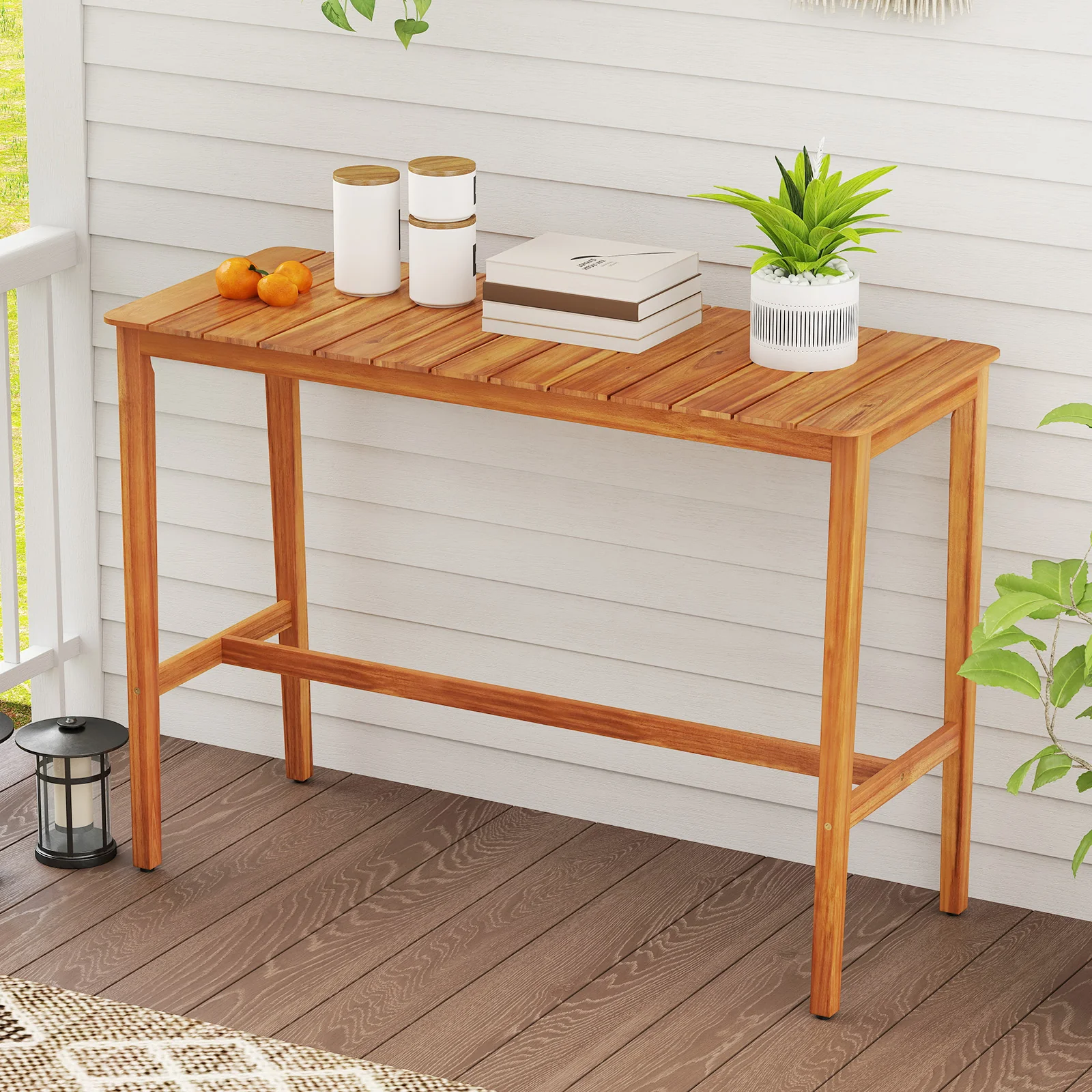 Acacia Wood Counter Height Table, Slatted Tabletop, Footrest Crossbar - Image 3