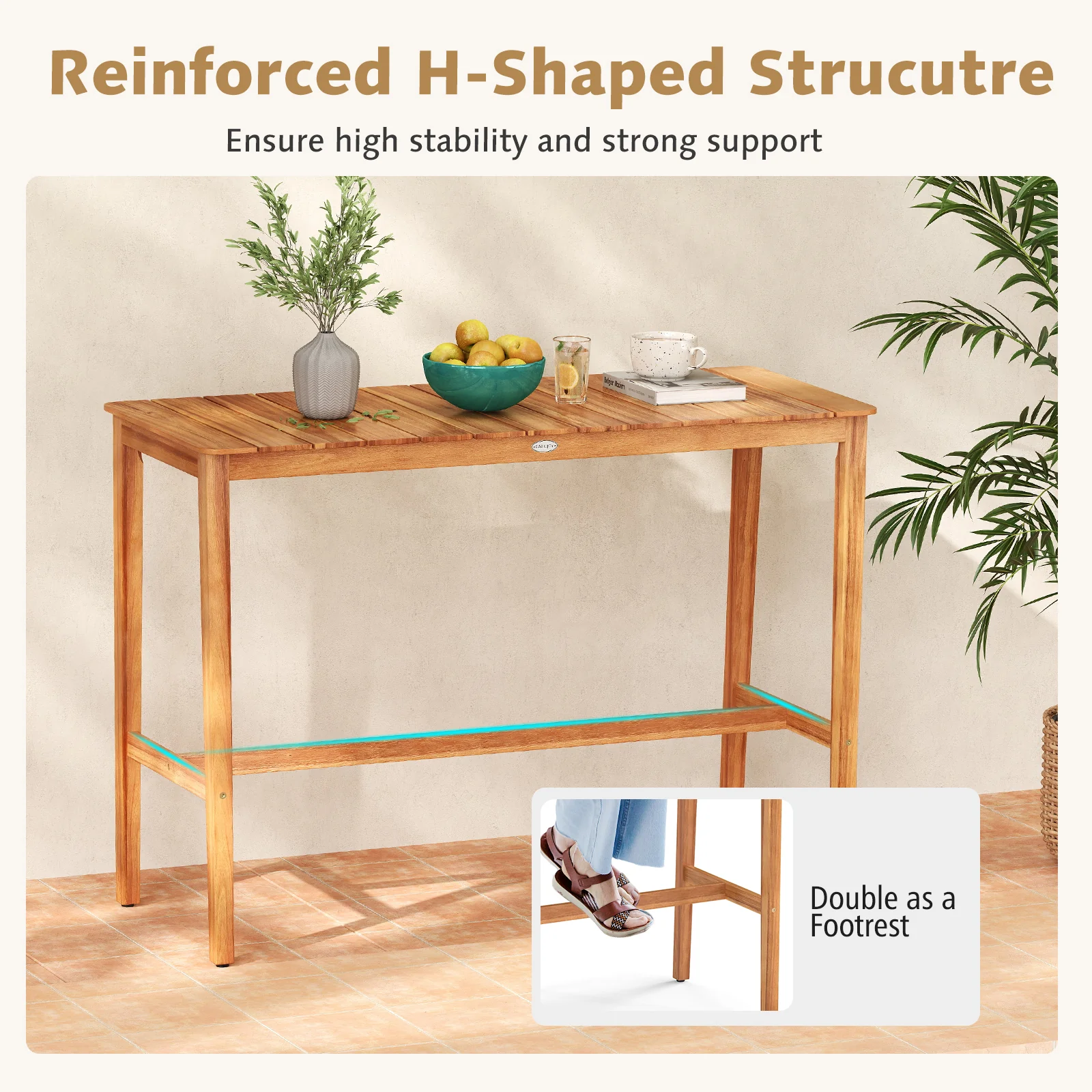 Acacia Wood Counter Height Table, Slatted Tabletop, Footrest Crossbar - Image 9