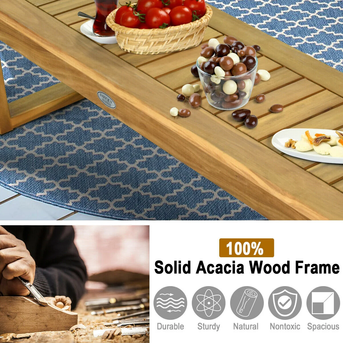 Acacia Wood Dining Bench, 52 Inch, Brown - Image 7