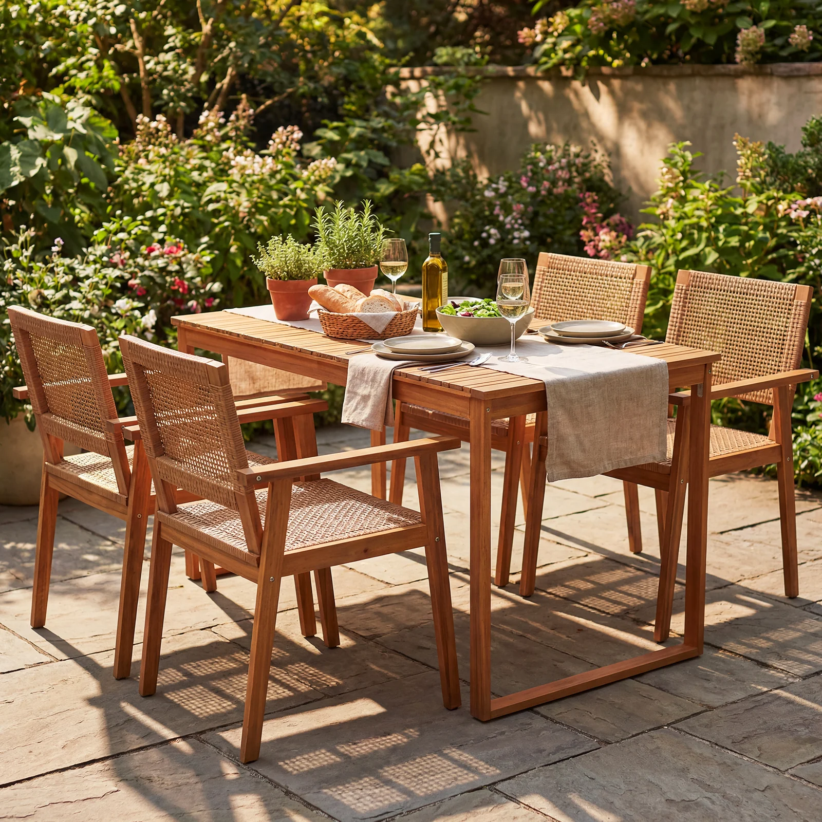 Acacia Wood Dining Set, Outdoor Table, Rattan Chairs, 4 Person - Image 2