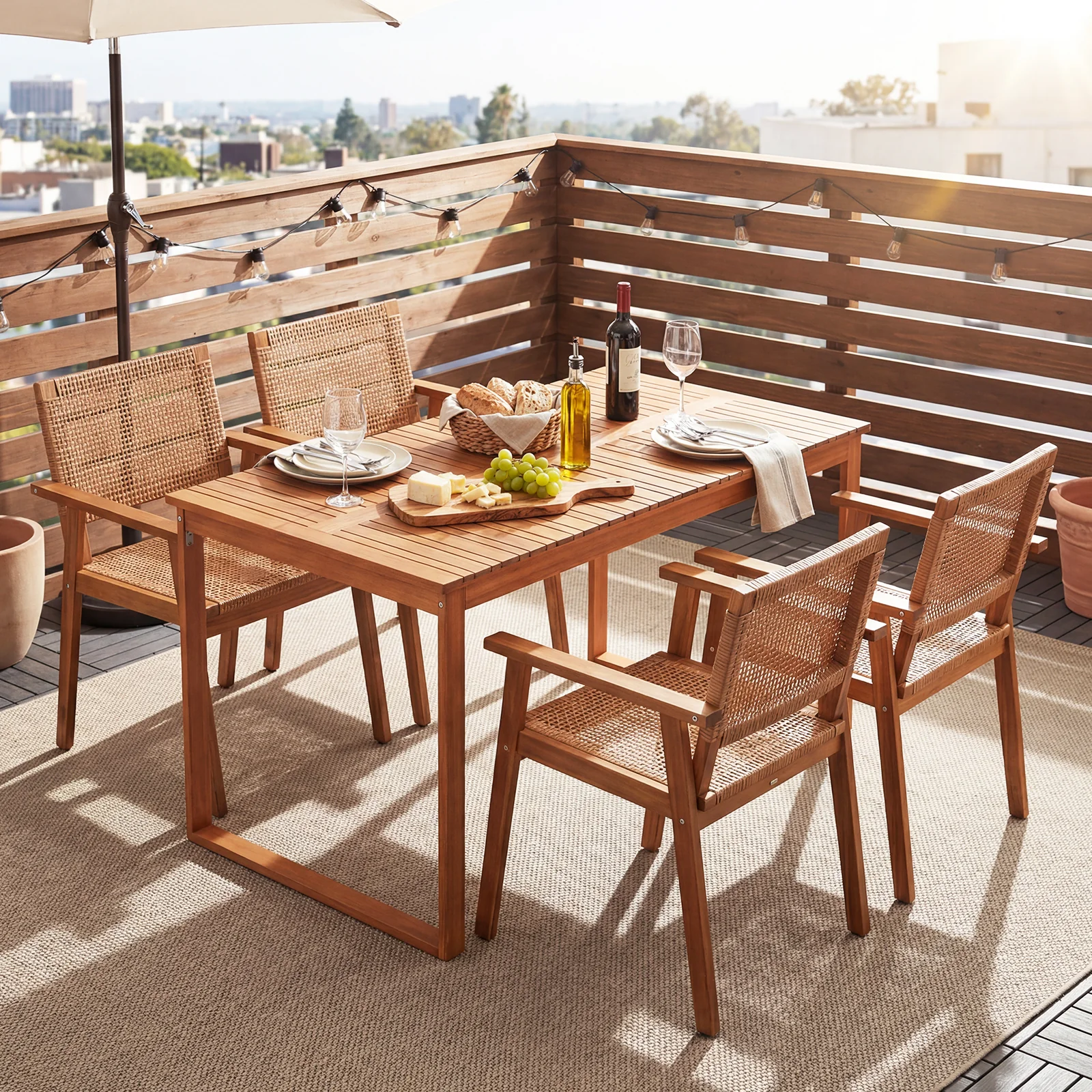 Acacia Wood Dining Set, Outdoor Table, Rattan Chairs, 4 Person - Image 3