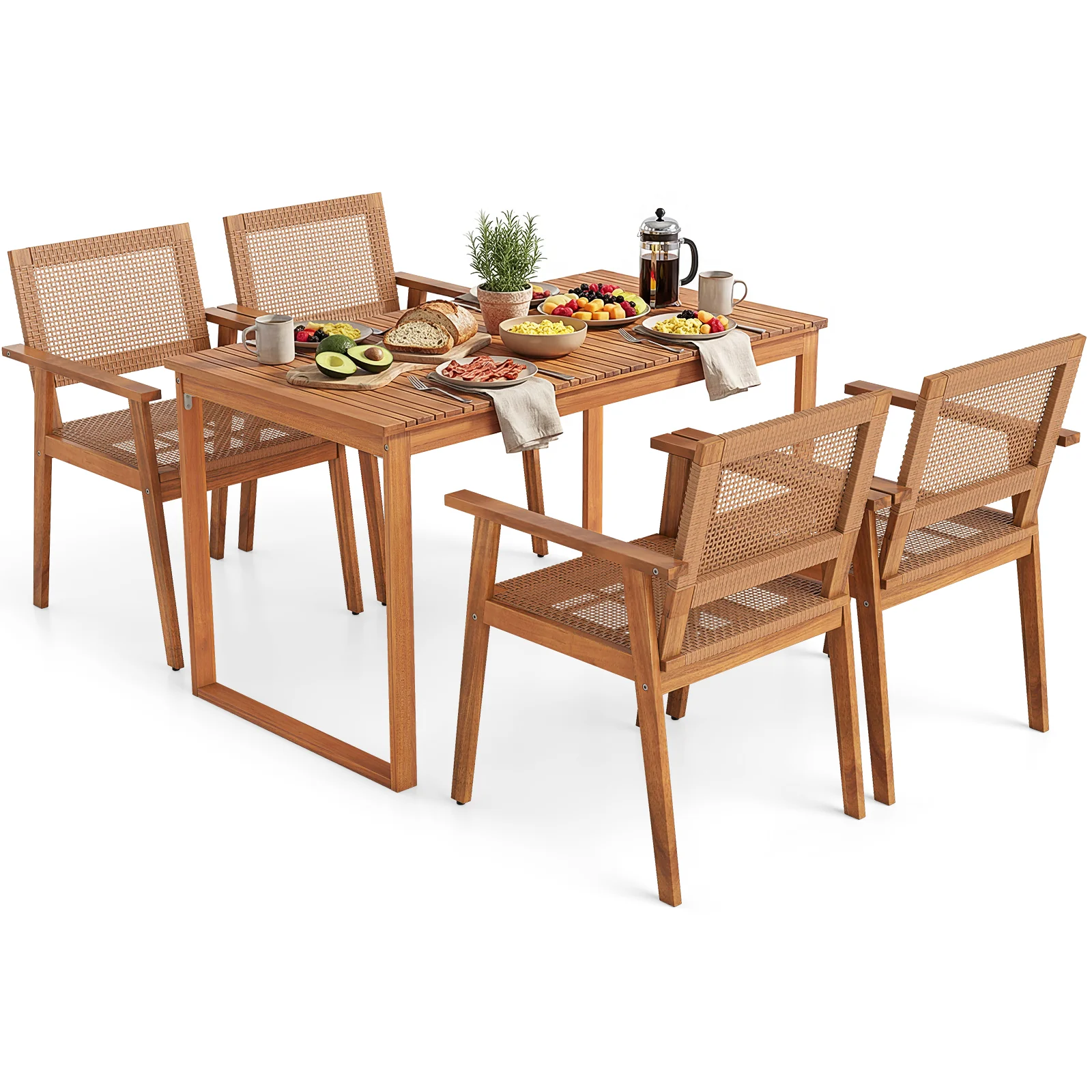 Acacia Wood Dining Set, Outdoor Table, Rattan Chairs, 4 Person - Image 5