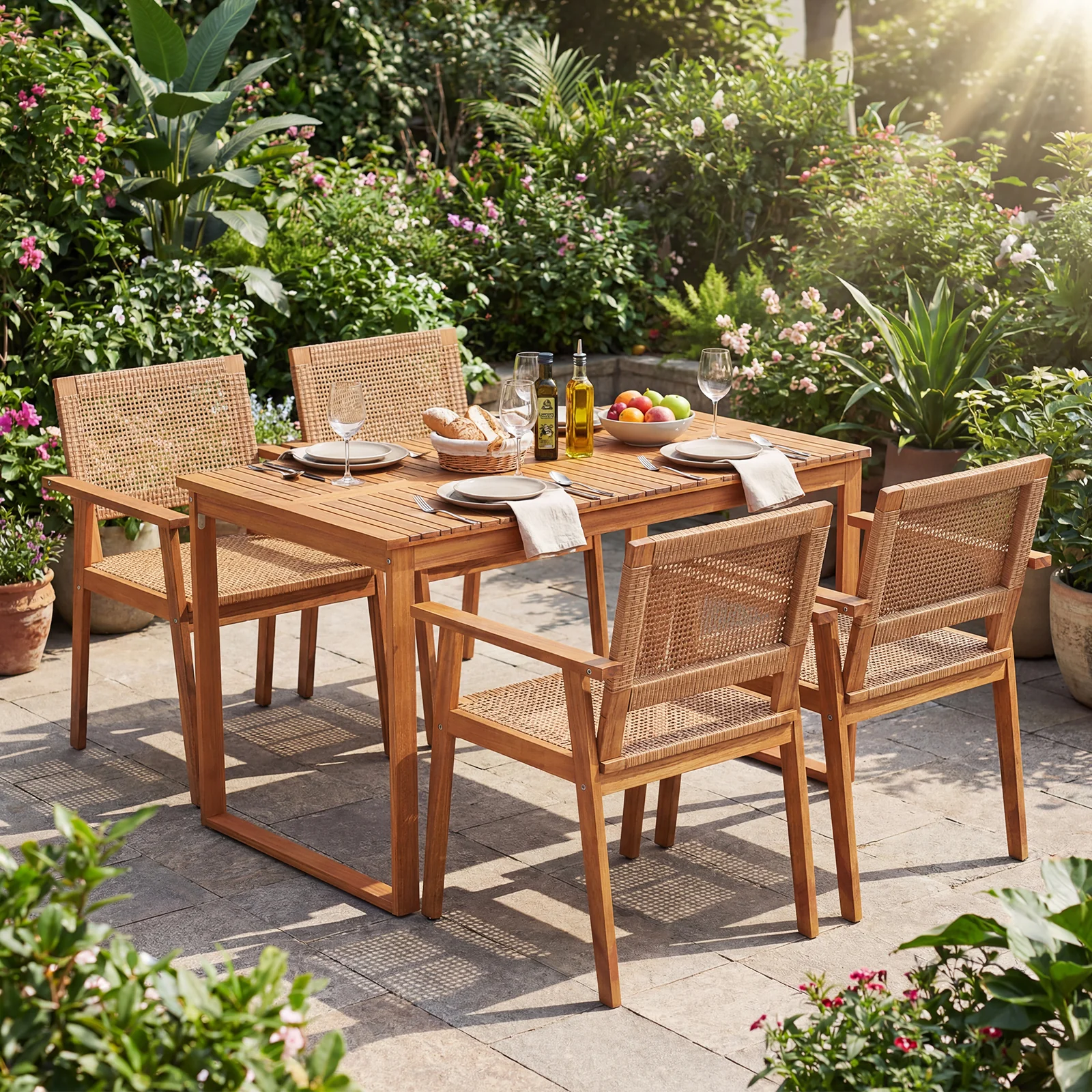 Acacia Wood Dining Set, Outdoor Table, Rattan Chairs, 4 Person - Image 7