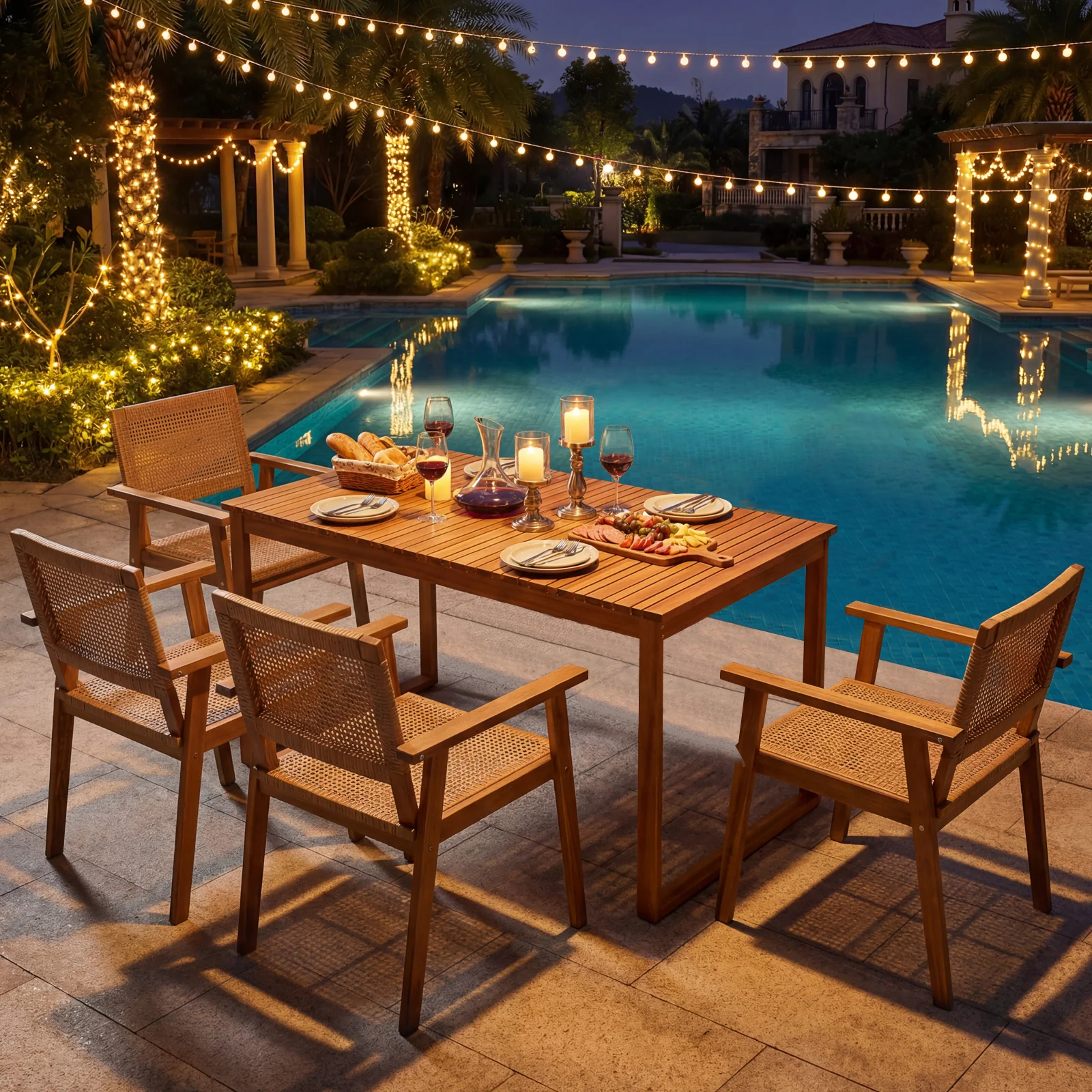Acacia Wood Dining Set, Outdoor Table, Rattan Chairs, 4 Person - Image 8