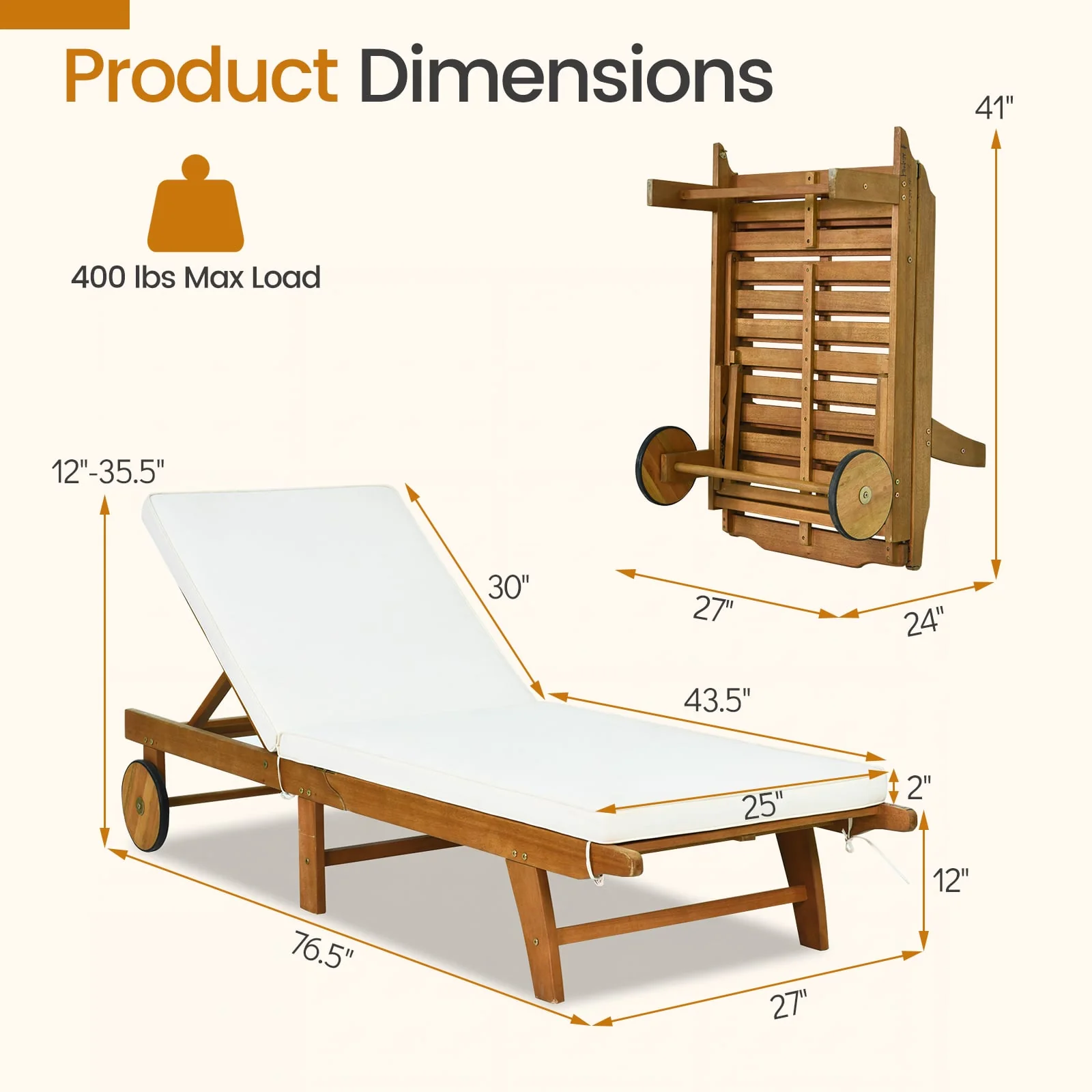 Acacia Wood Lounge Chair Chaise Recliner, Natural, White - Image 4