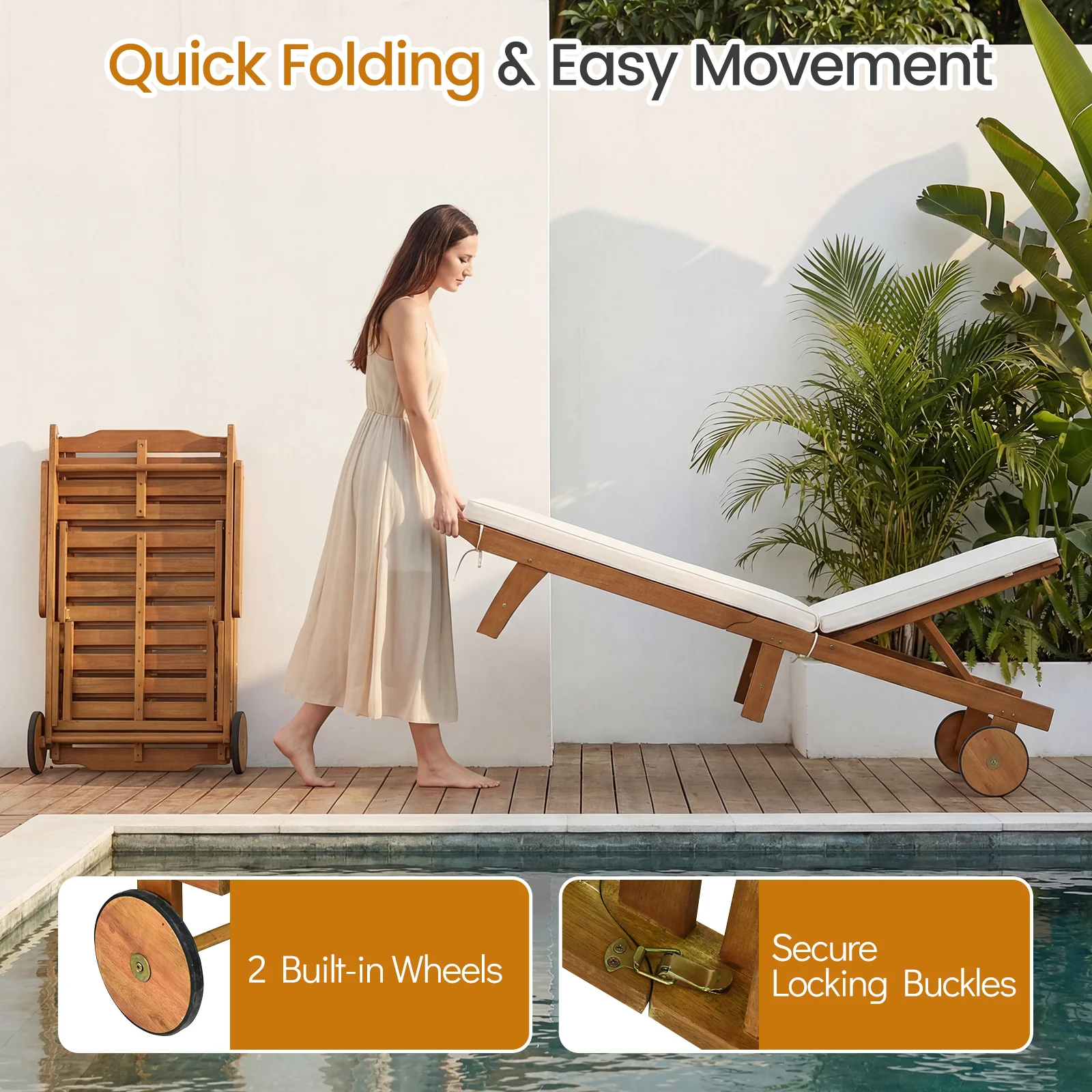 Acacia Wood Lounge Chair Chaise Recliner, Natural, White - Image 8